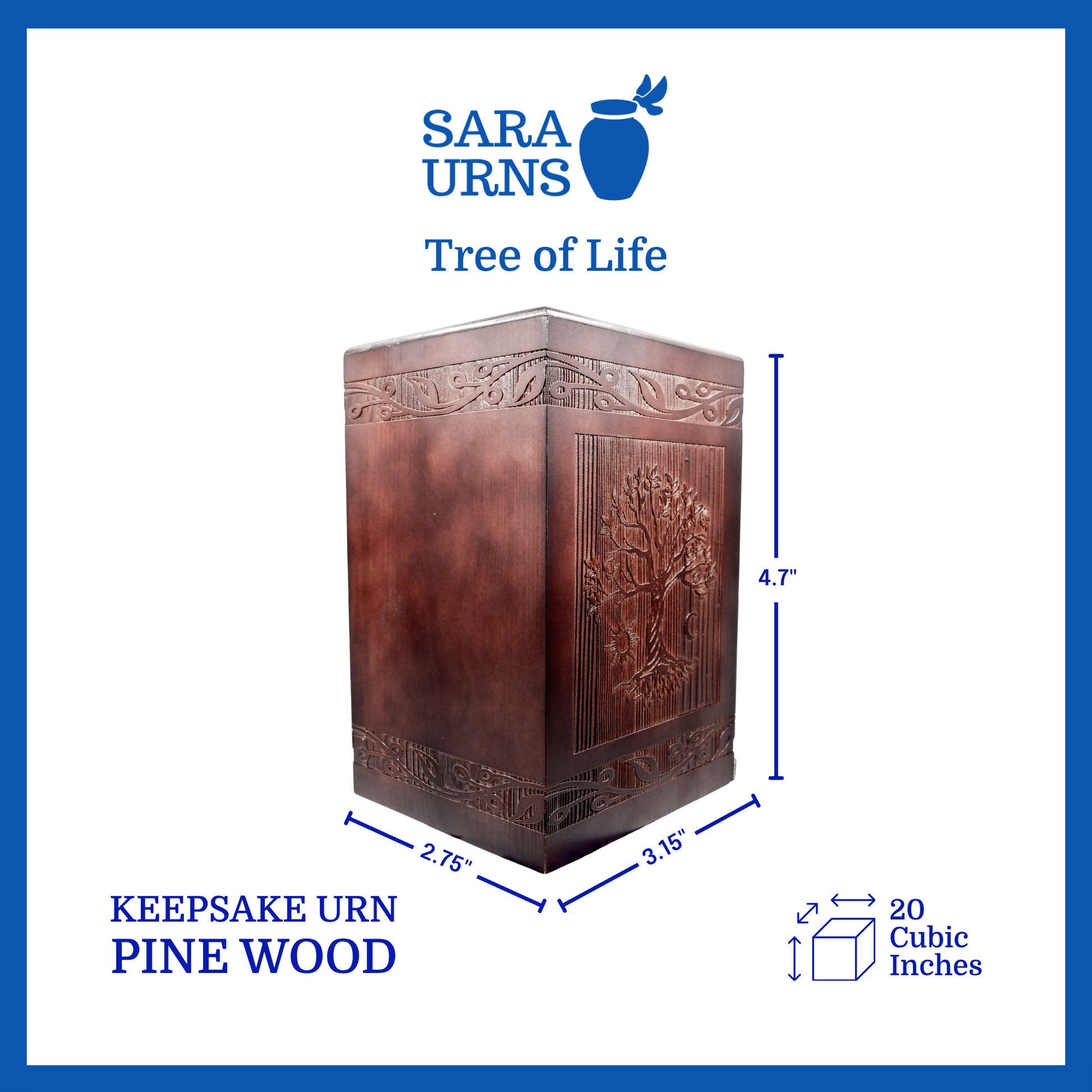 A brown pine wooden keepsake urn that is specified as 4.7 inches in height, 3.15 inches in width, 2.75 inches in length and is 20 cubic inches.