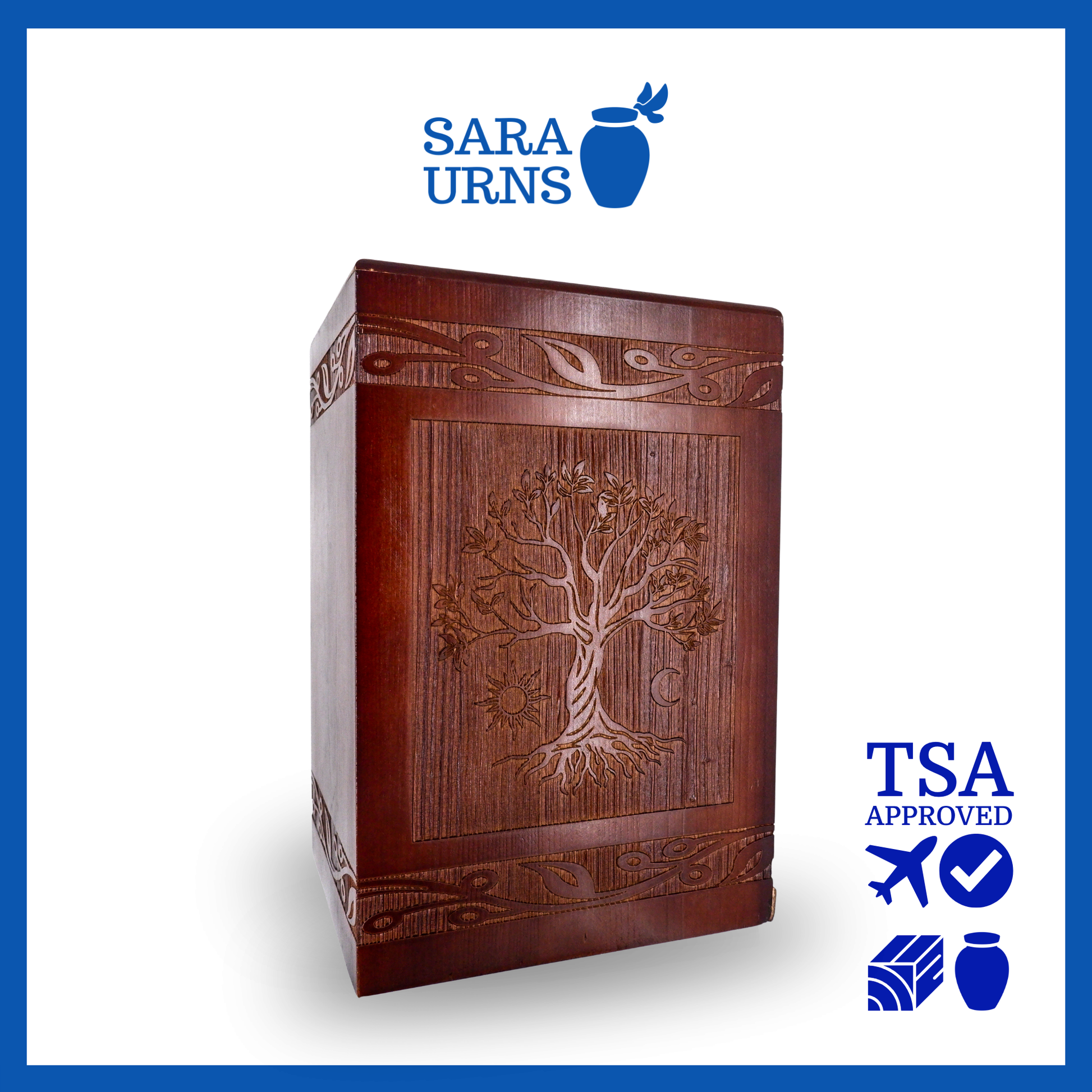 A brown pine wooden urn with an intricate engraving of the tree of life over a white background.