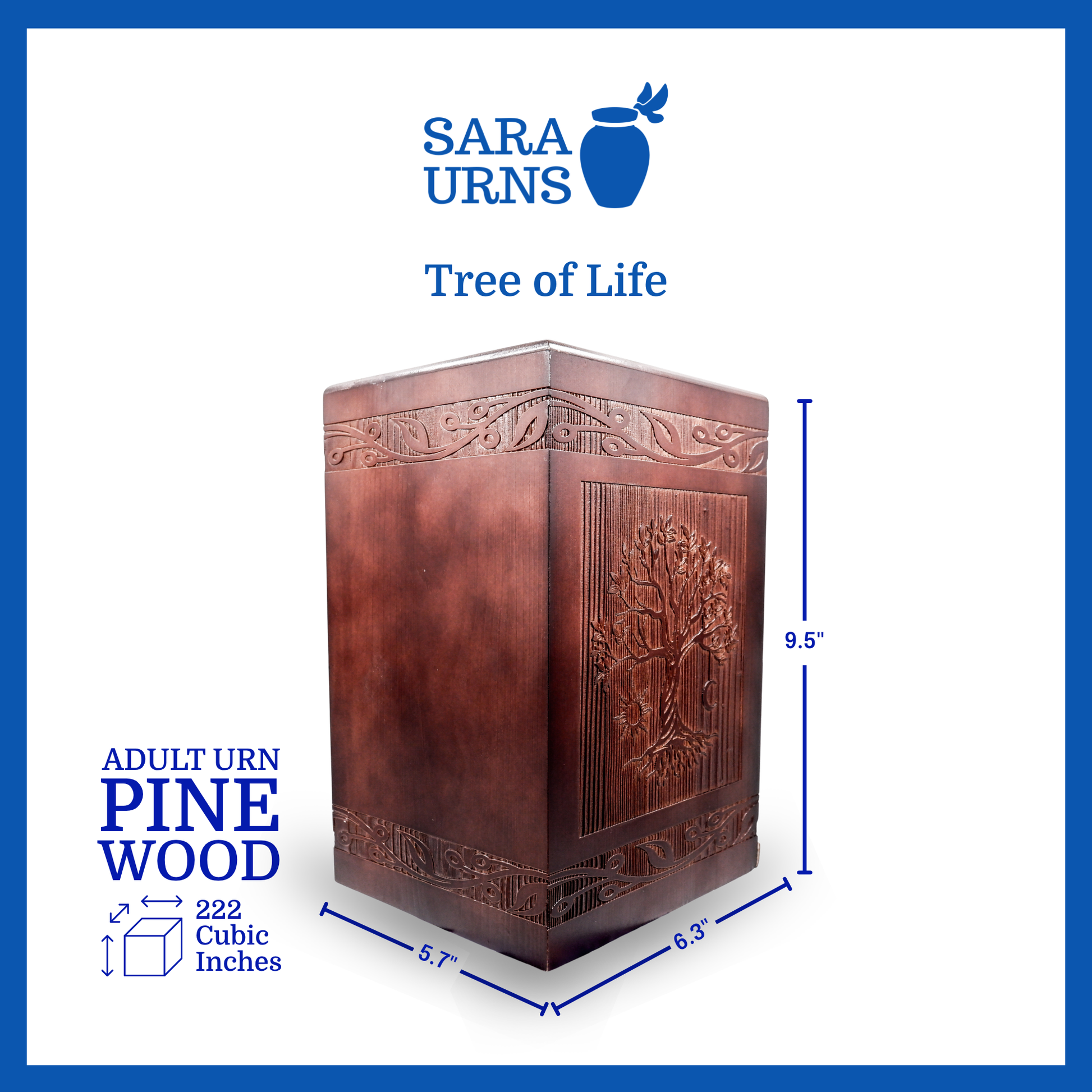 A brown pine wooden urn that is specified as 9.5 inches in height, 5.7 inches in width, 6.3 inches in length and is 222 cubic inches.