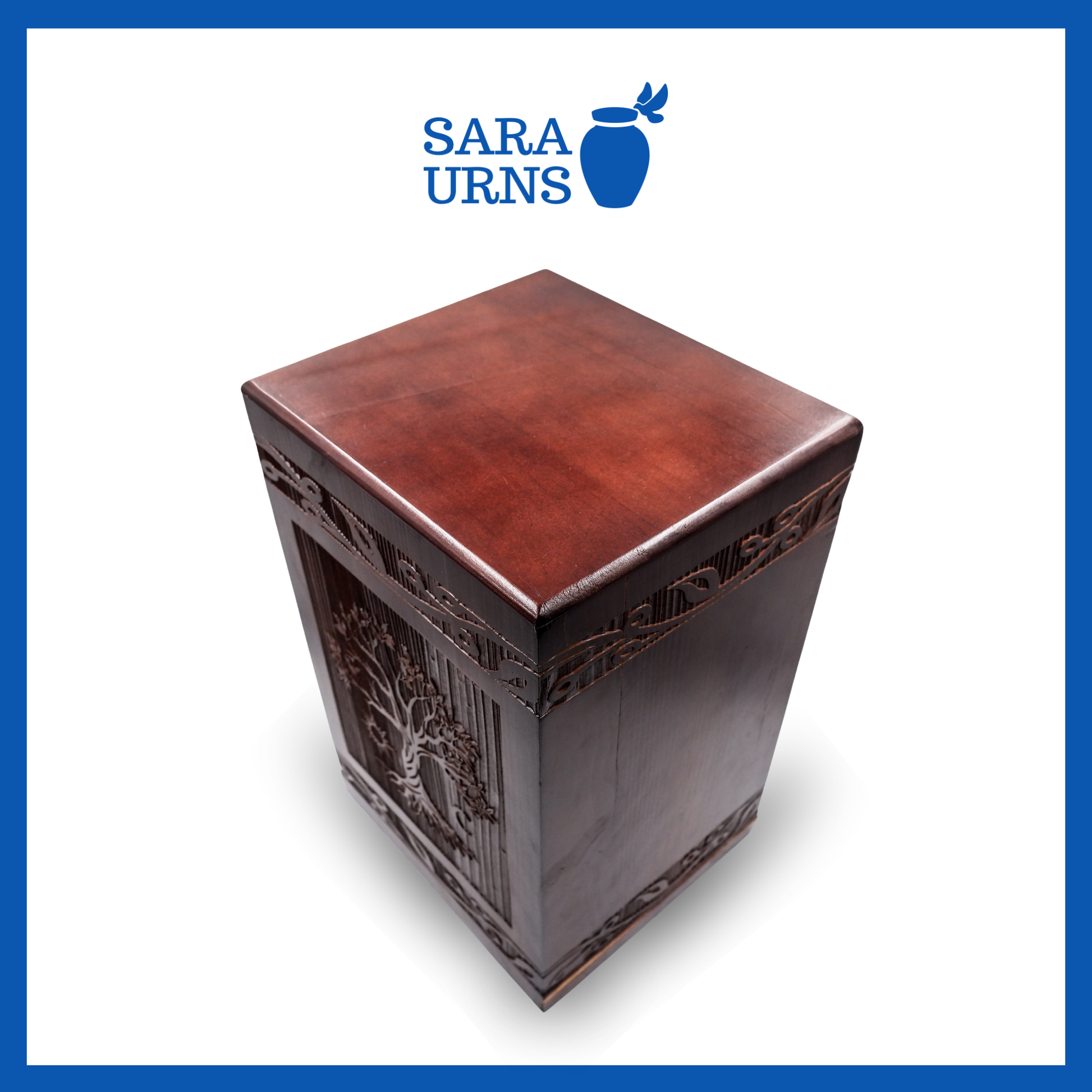 A second, higher angle of a brown pine wooden urn with an intricate engraving of the tree of life over a white background.