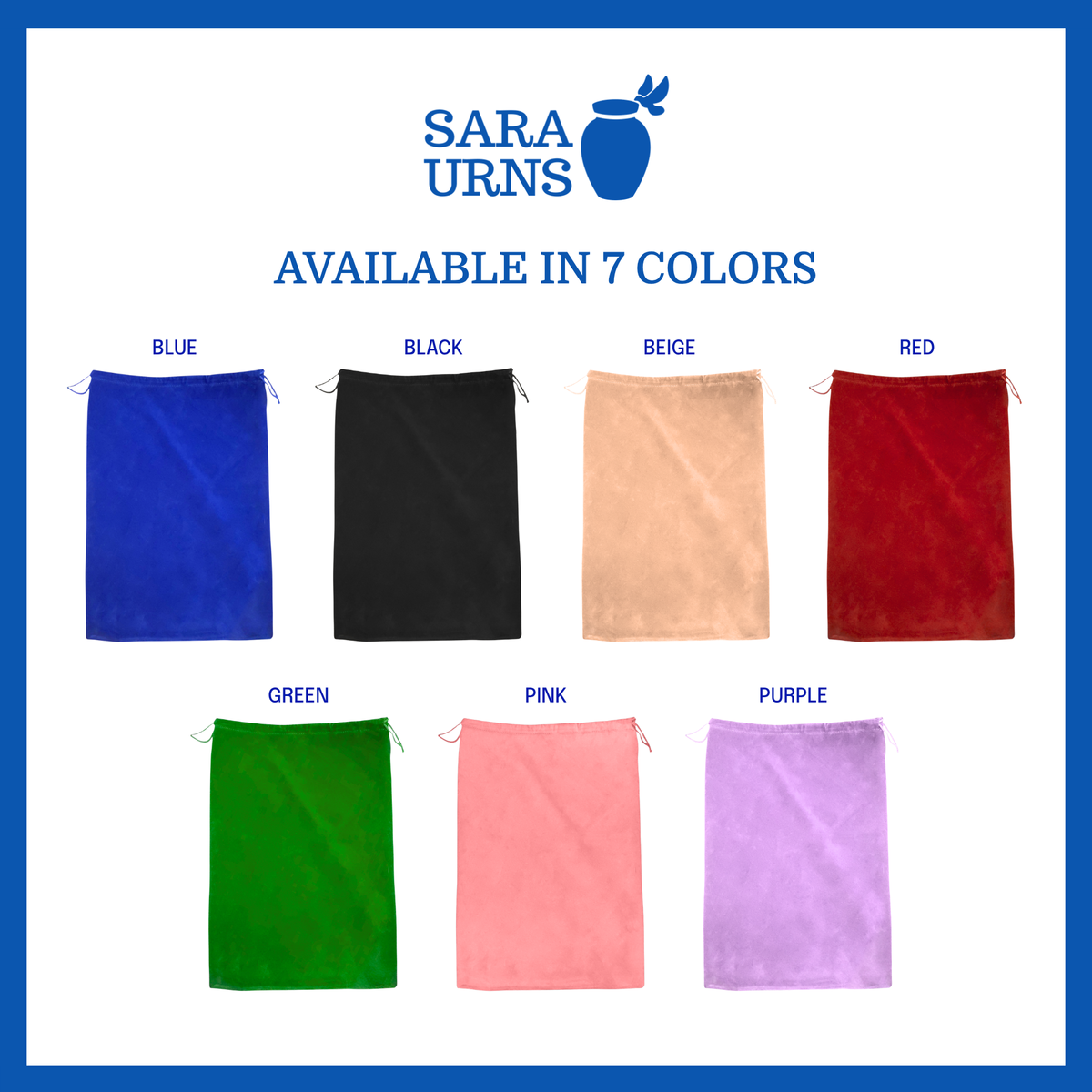 A presentation of seven different colored urn pouches, including blue, beige, black, red, green, pink and purple laid flat over a white background.