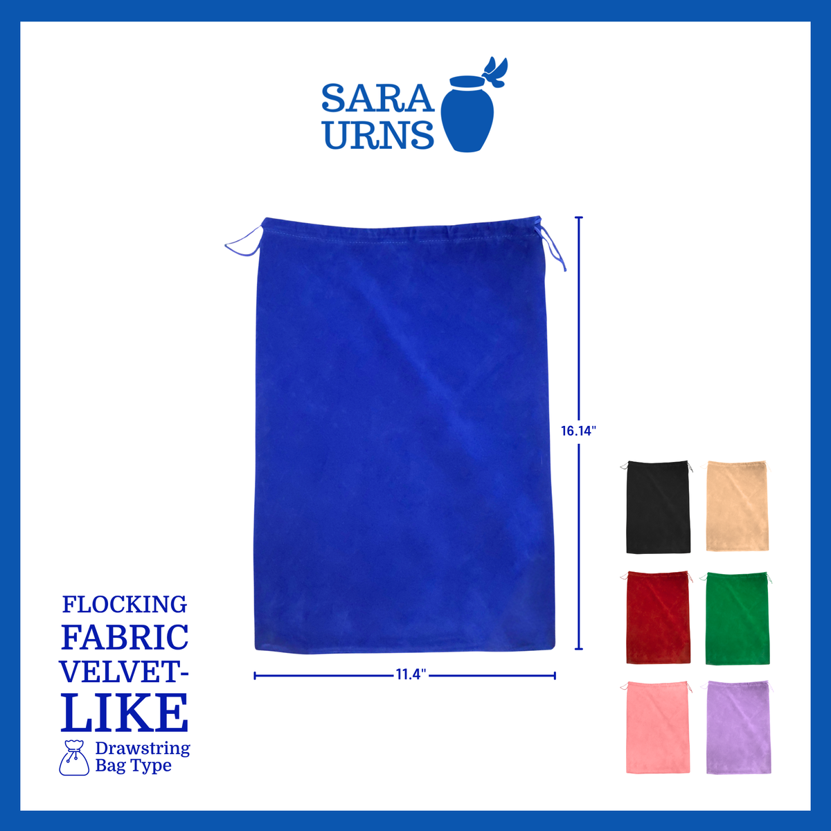 A presentation of a blue urn pouch laid flat, along with the other available colors, that is specified as 11.4 inches in width and 16.14 in height. It is made of flocking cloth that is velvet-like.