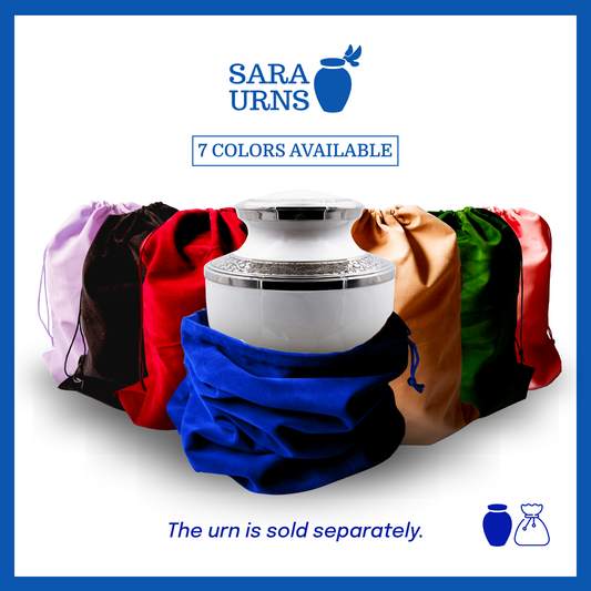 A presentation of seven different colored urn pouches, including blue, beige, black, red, green, pink and purple over a white background.