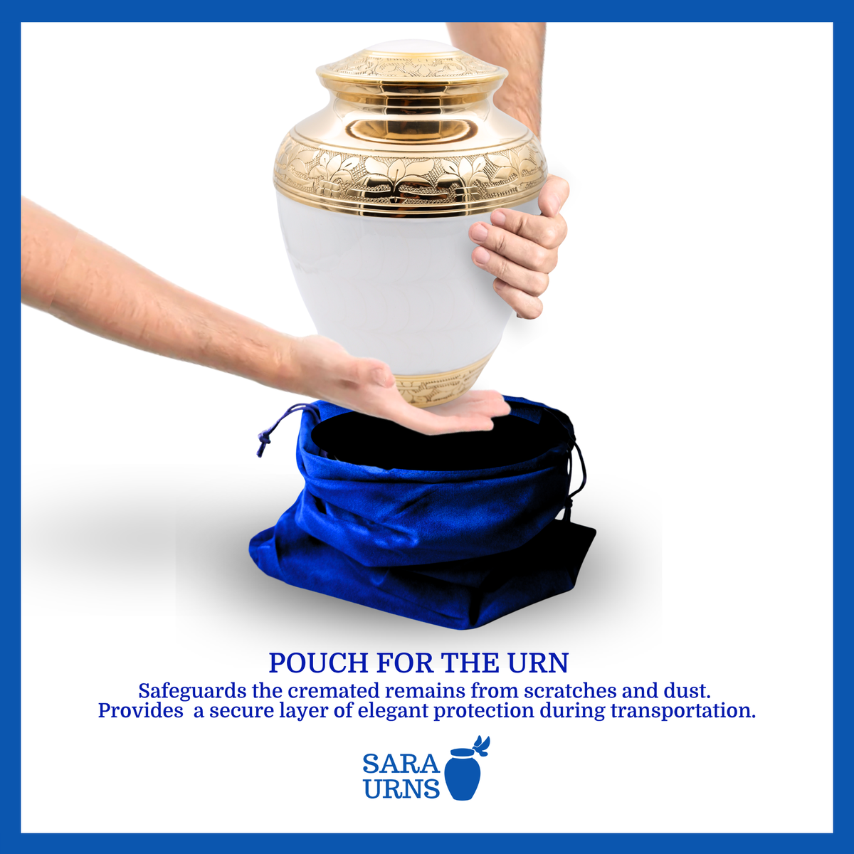 A presentation of the urn pouch in usage with the standard urn. It safeguards the cremated remains from scratches and dust. It looks elegant and provides secured protection during transportation.