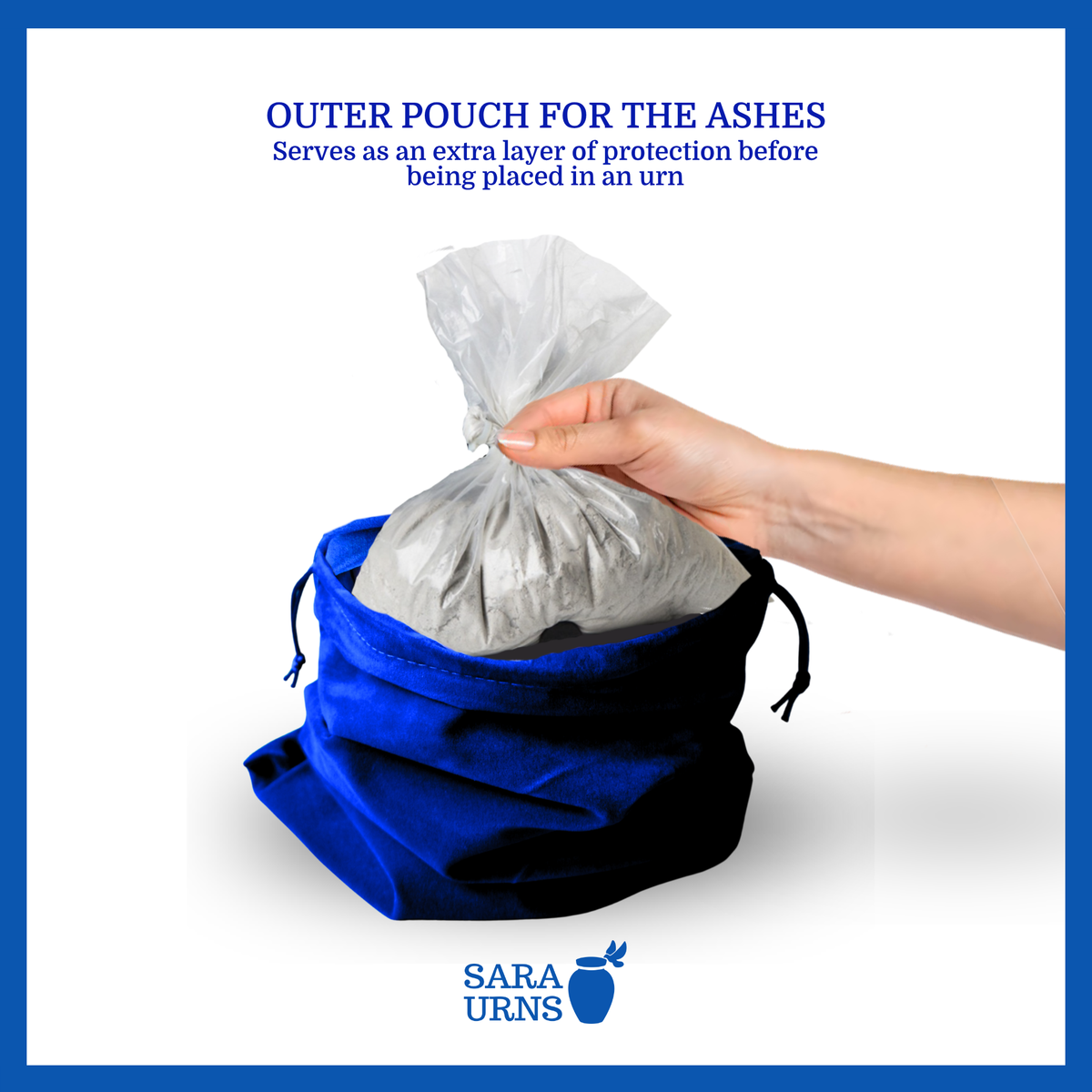 A presentation of the urn pouch in usage as an outer pouch for a bag of ashes. It serves as an extra layer of protection before being placed in an urn.