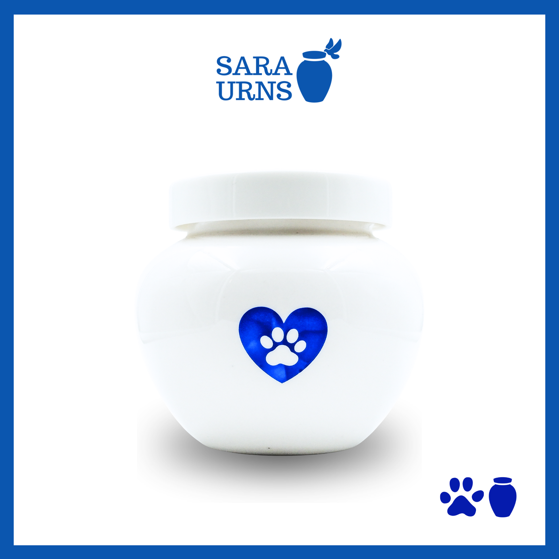 A white polished ceramic pet urn with a blue metallic foiled heart at its center over a white background.