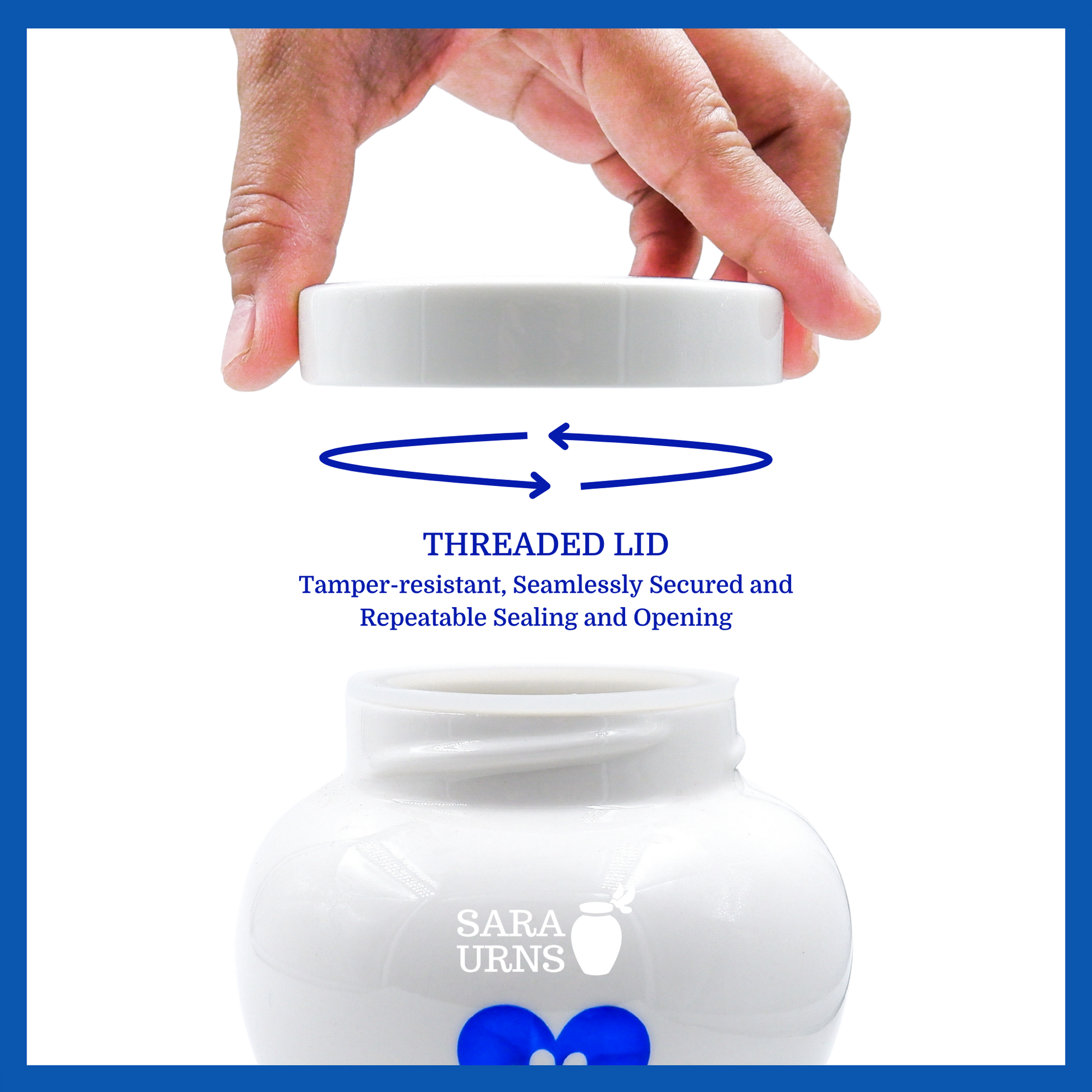 A presentation of a white polished ceramic pet urn’s threaded lid which highlights its security.
