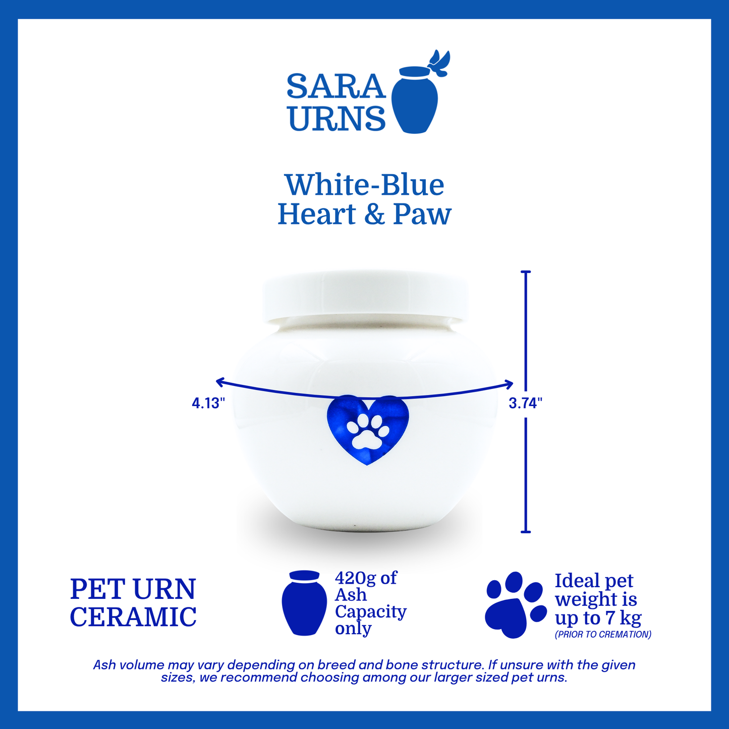 A white polished ceramic pet urn that is specified as 4.13 inches in width and 3.74 inches tall with an ash capacity of 420 grams.