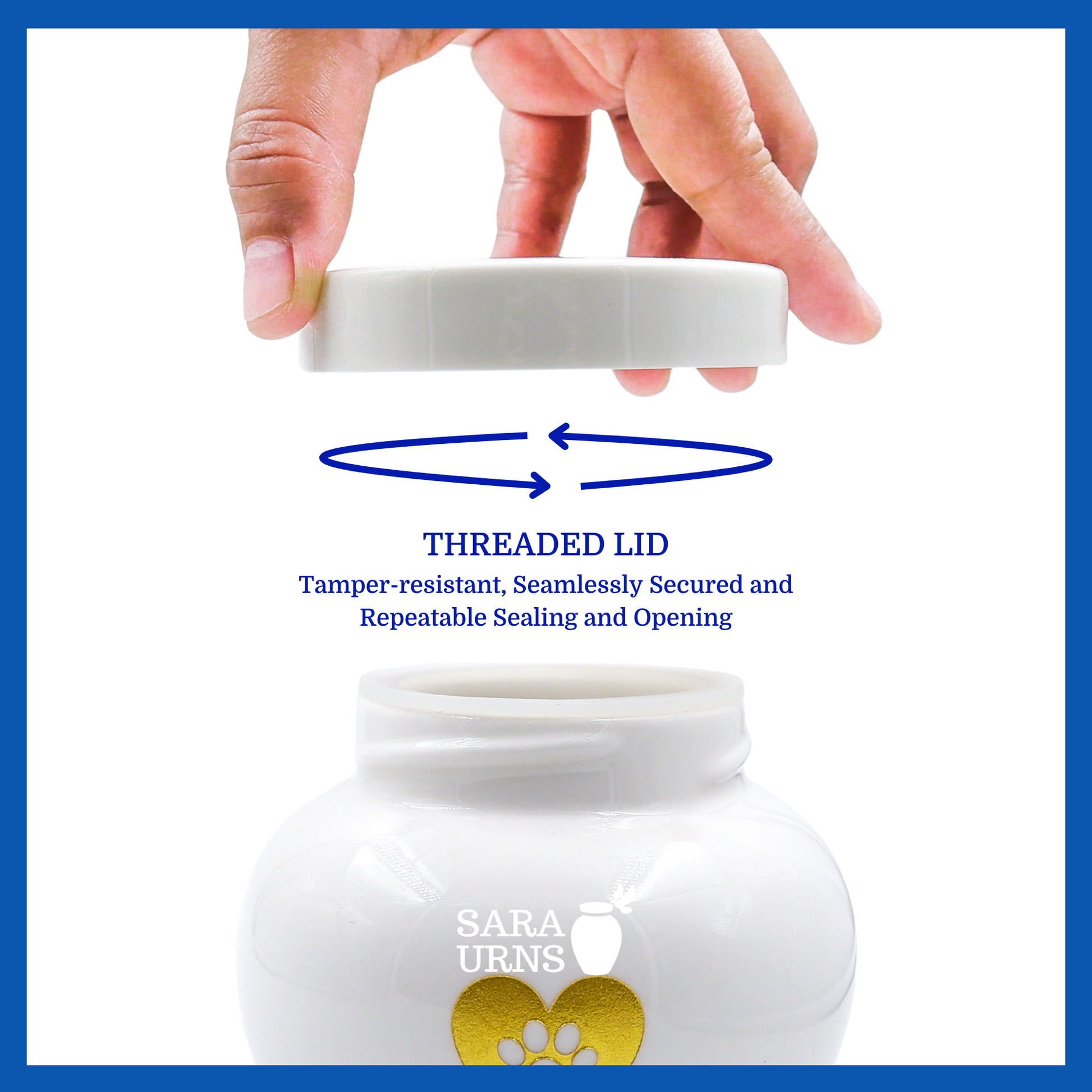 A presentation of a white polished ceramic pet urn’s threaded lid which highlights its security.