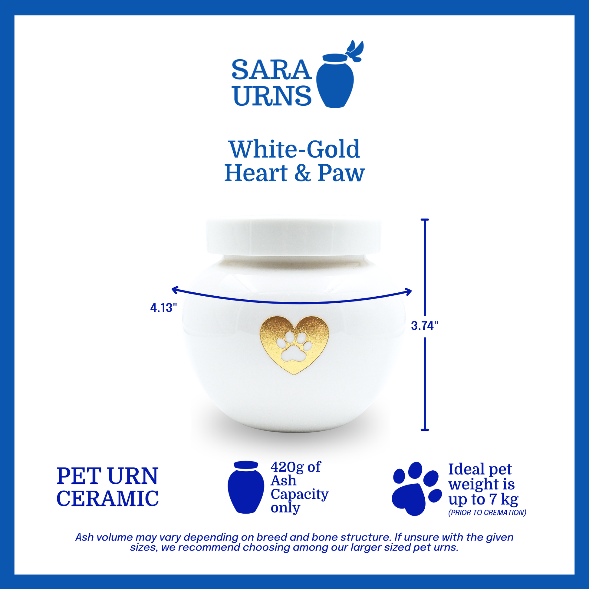 A white polished ceramic pet urn that is specified as 4.13 inches in width and 3.74 inches tall with an ash capacity of 420 grams.
