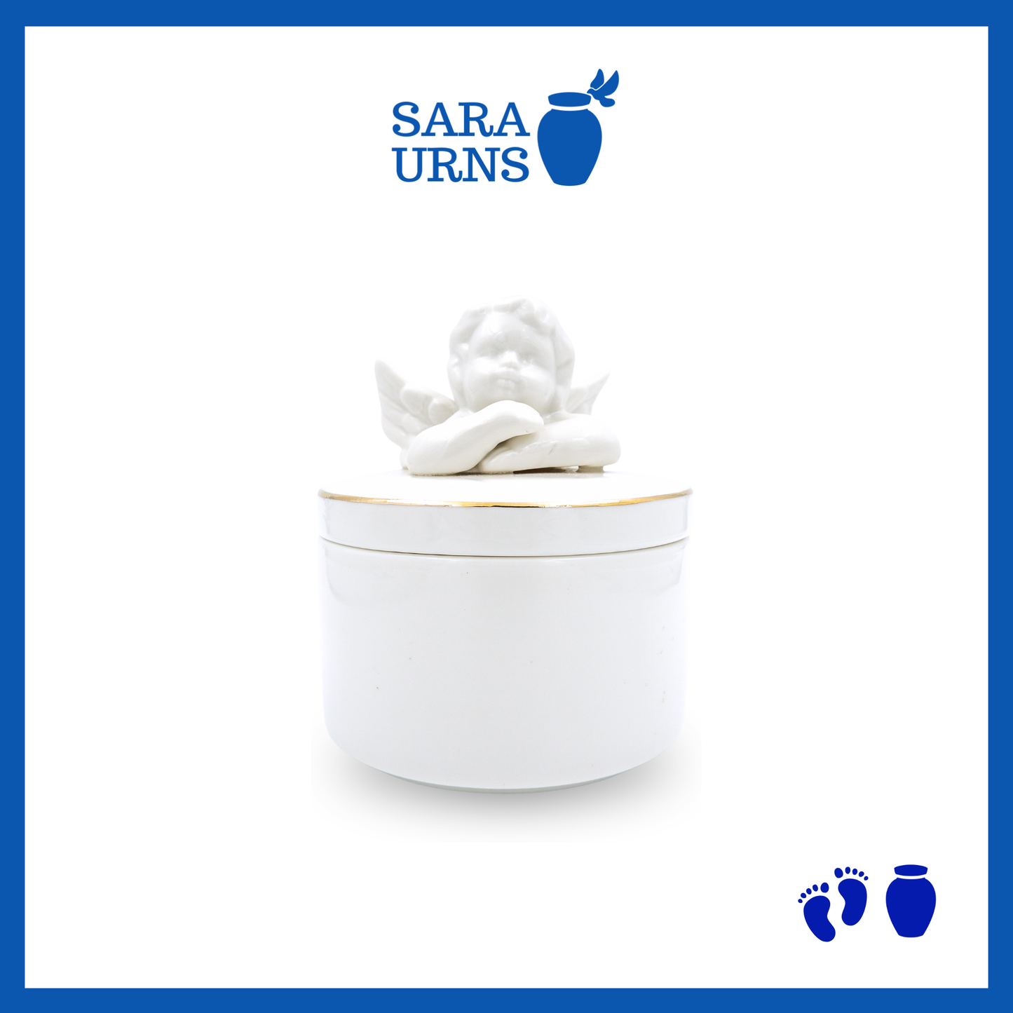 A white polished ceramic baby urn with a cherub lid over a white background.