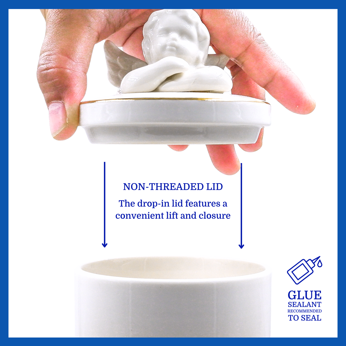  A presentation of a white polished ceramic baby urn’s non-threaded lid which highlights its accessibility.