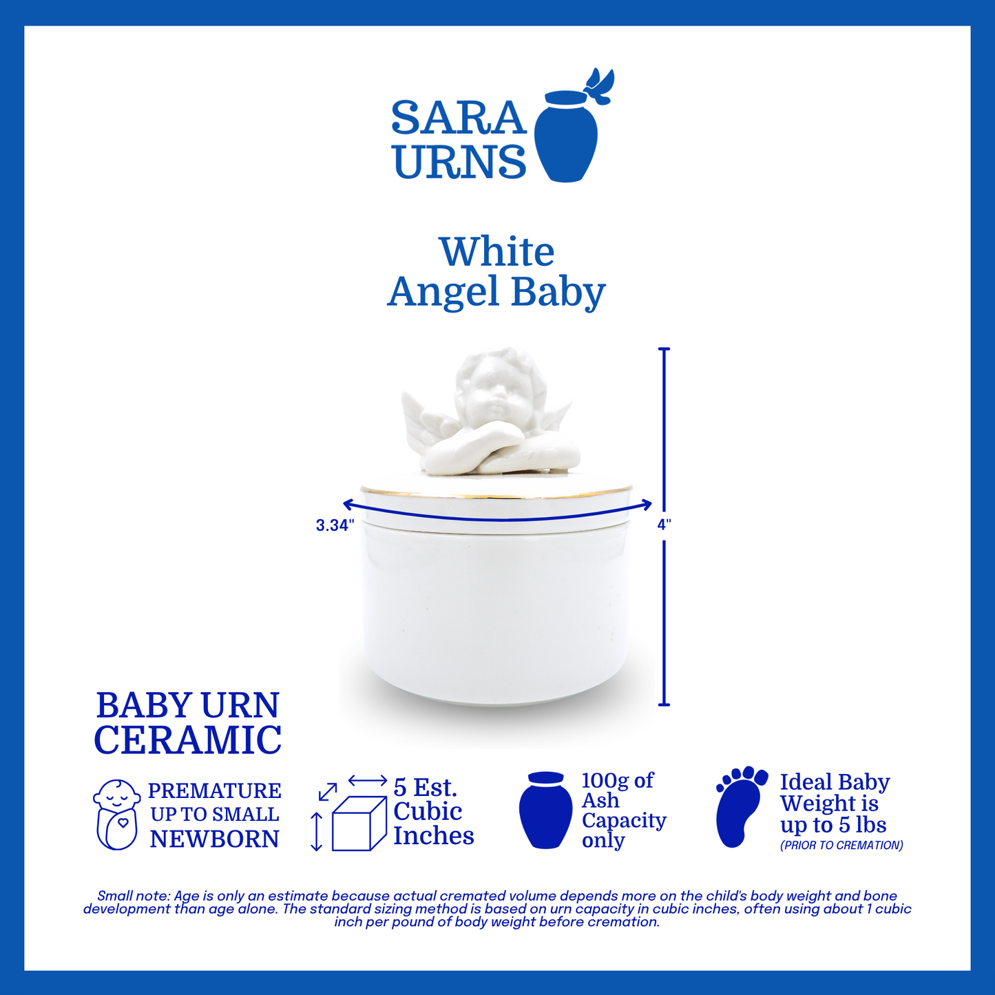 A white polished ceramic baby urn with a cherub lid that is specified as 3.34 inches in diameter, 4 inches tall and can fit up to 100 grams of capacity. The ideal baby weight is up to 5 pounds and the estimated age is premature up to a small newborn.