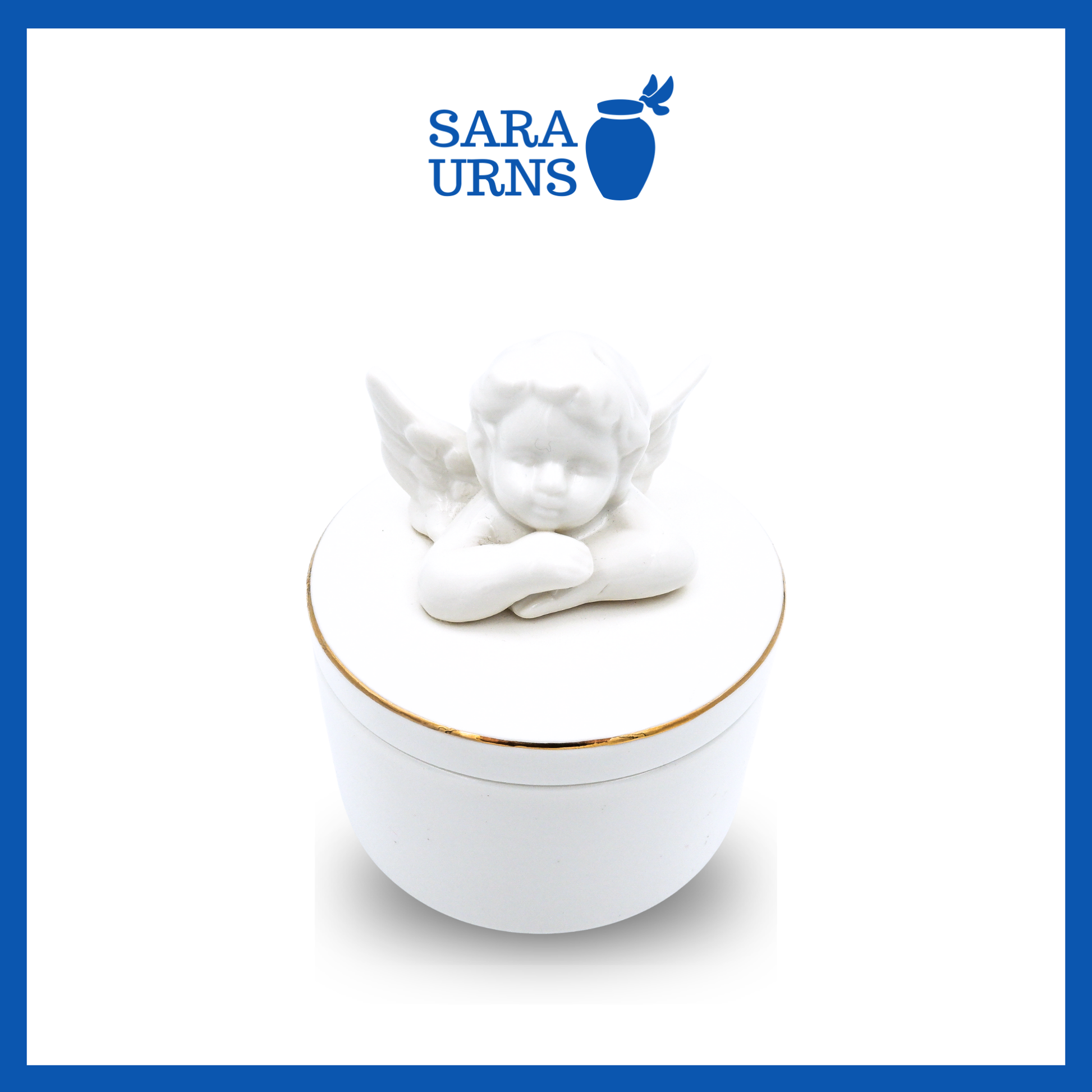 A higher angle of a white polished ceramic baby urn with a cherub lid over a white background.
