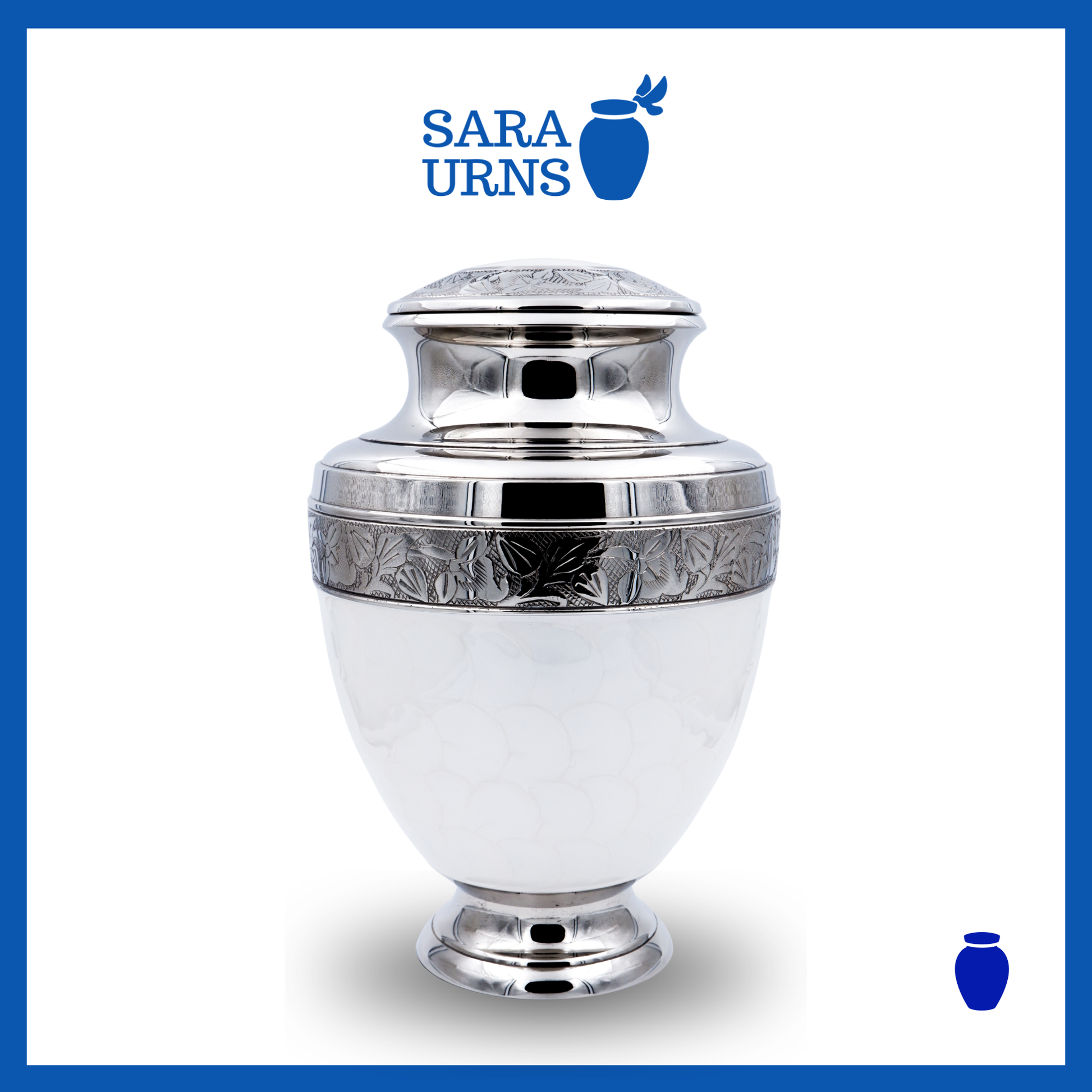 A white polished brass metal urn with an enamel finish and hand-etched details over a white background.