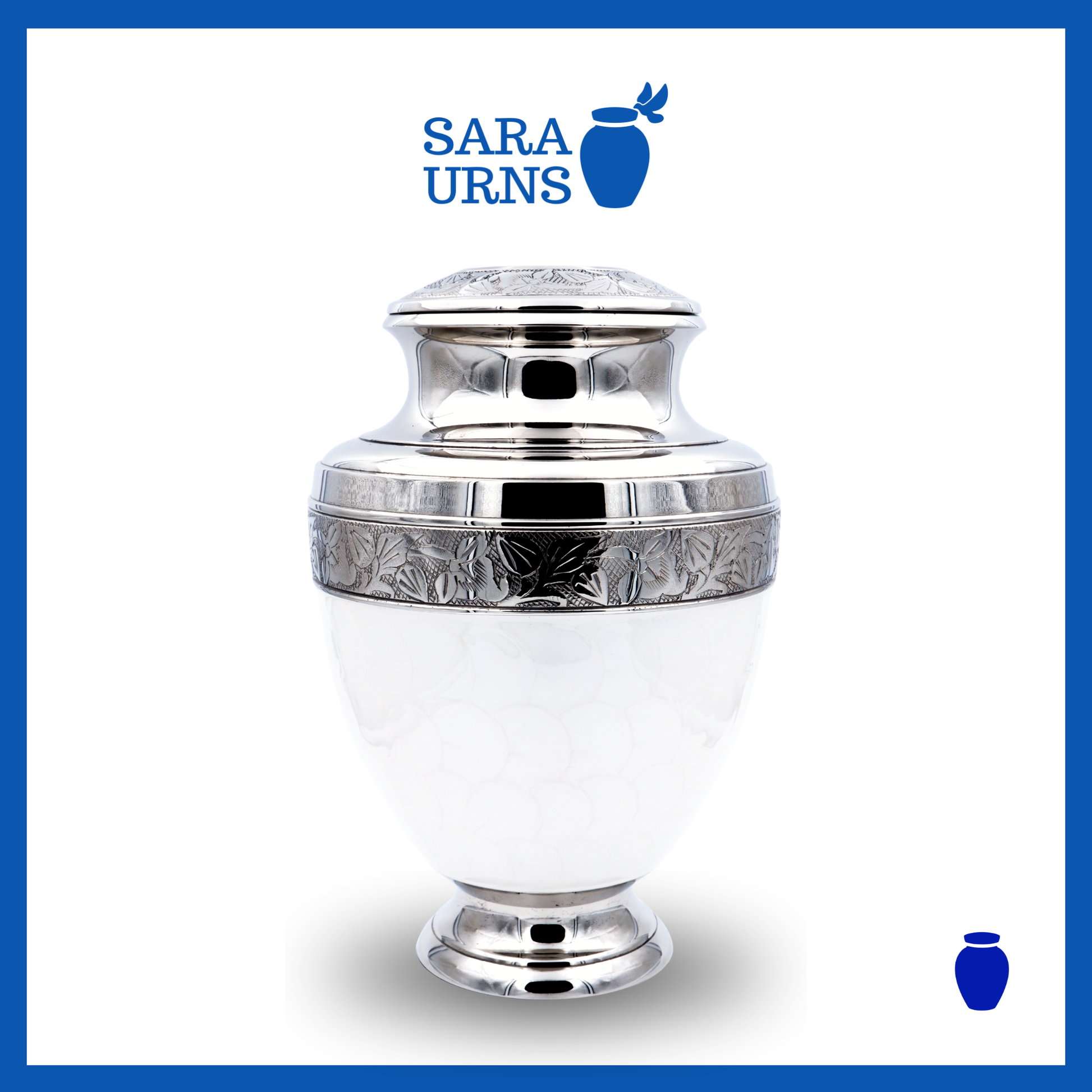 A white polished brass metal urn with an enamel finish and hand-etched details over a white background.