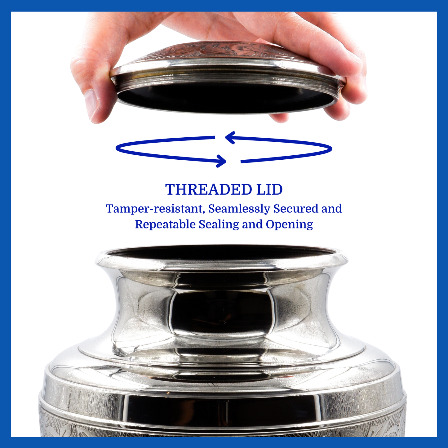A presentation of a white polished brass metal urn’s threaded lid which highlights its safety and security.