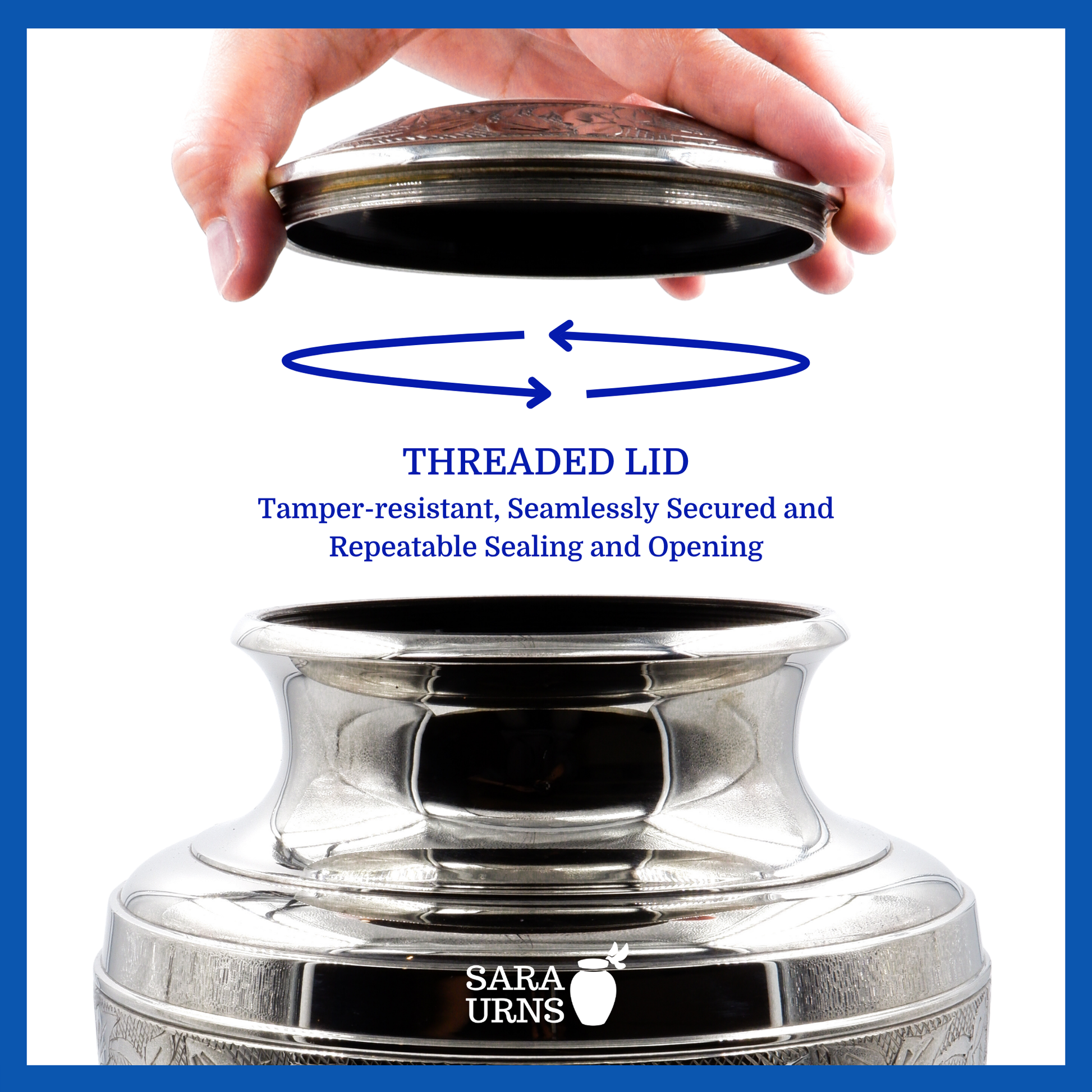 A presentation of a white polished brass metal urn’s threaded lid which highlights its safety and security.