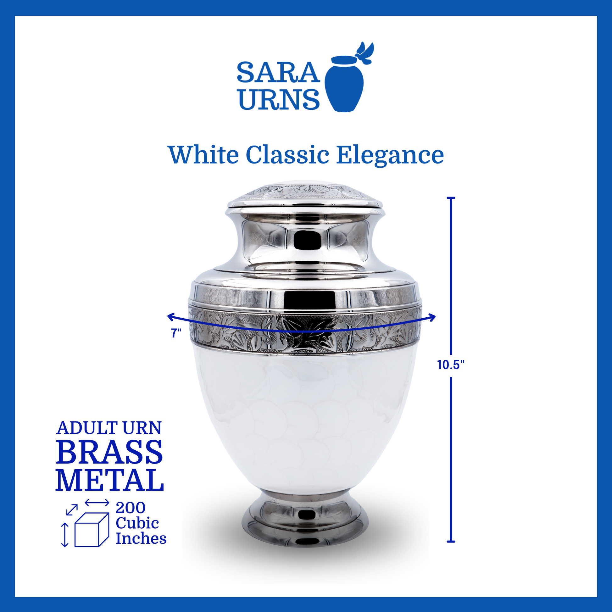 A white polished brass metal urn that is specified as 7 inches in diameter, 10.5 inches tall and is 200 cubic inches.