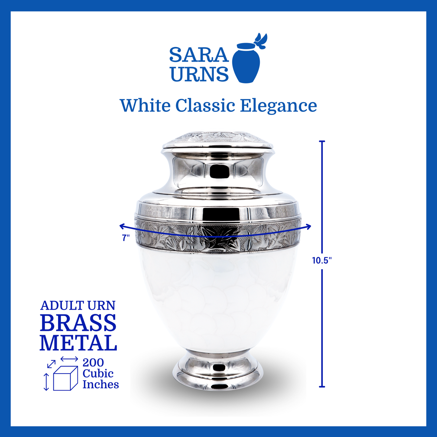 A white polished brass metal urn that is specified as 7 inches in diameter, 10.5 inches tall and is 200 cubic inches.
