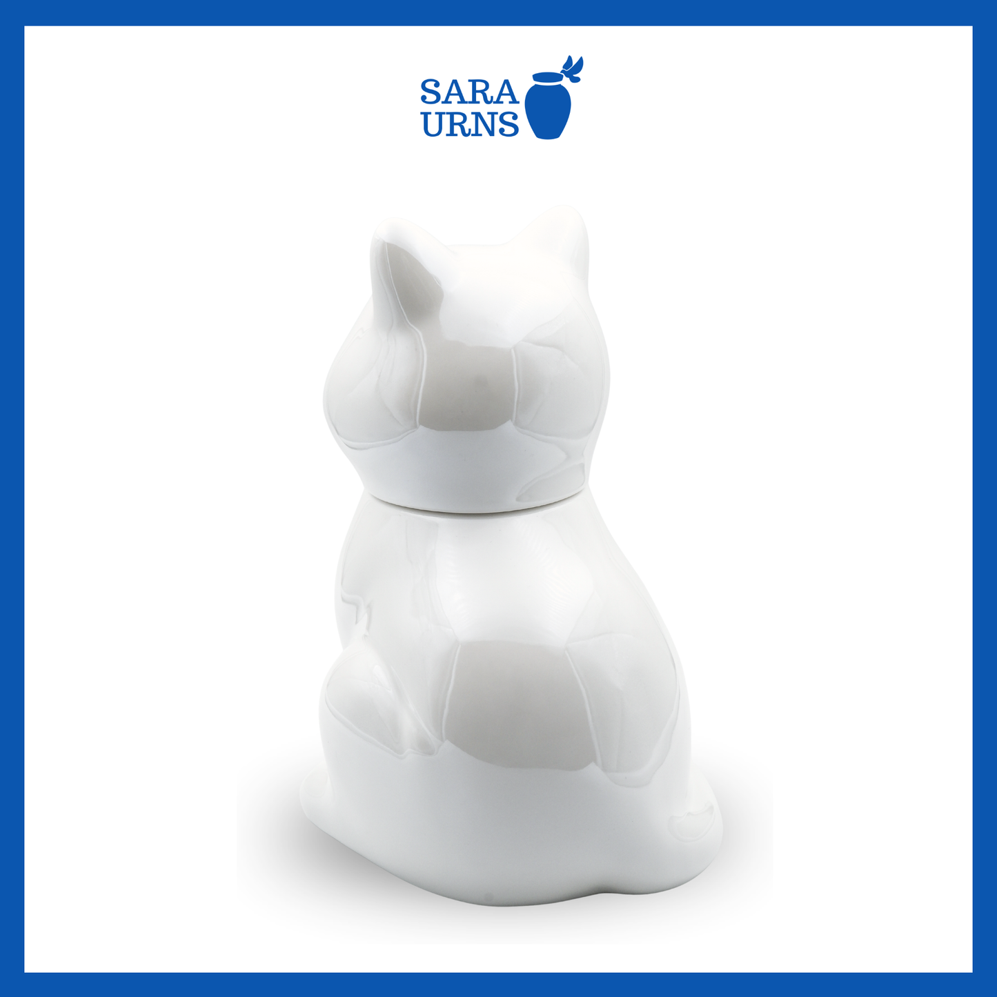 A back side of a white ceramic pet urn with a cat-shaped silhouette over a white background.