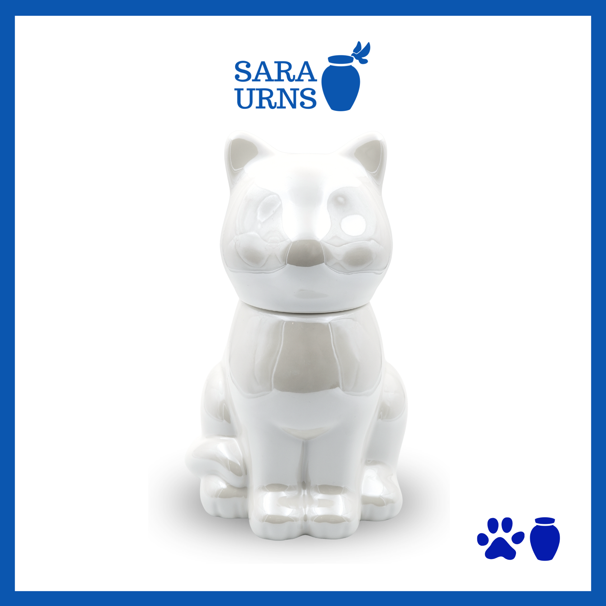 A white ceramic pet urn with a cat-shaped silhouette over a white background.