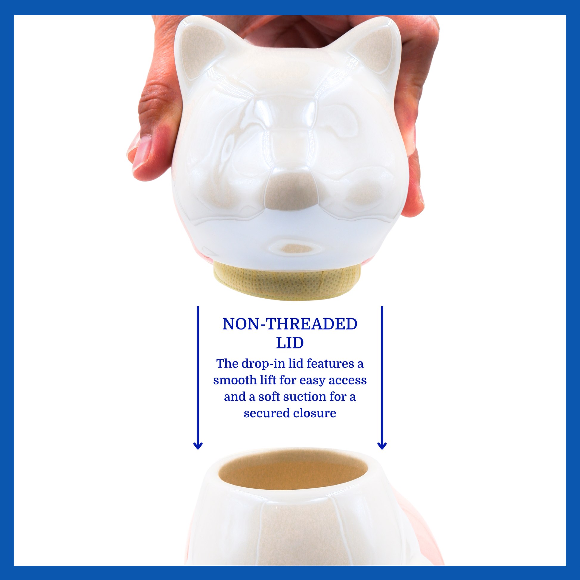 A presentation of a white ceramic cat-shaped pet urn’s non-threaded lid which highlights its accessibility.