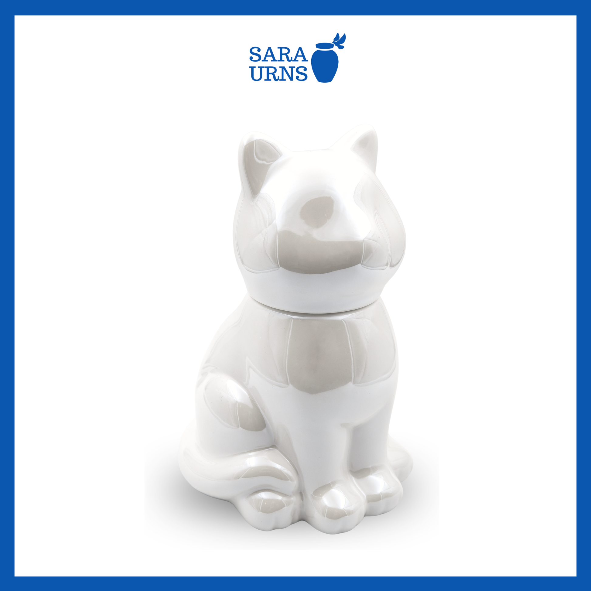A side angle of a white ceramic pet urn with a cat-shaped silhouette over a white background.