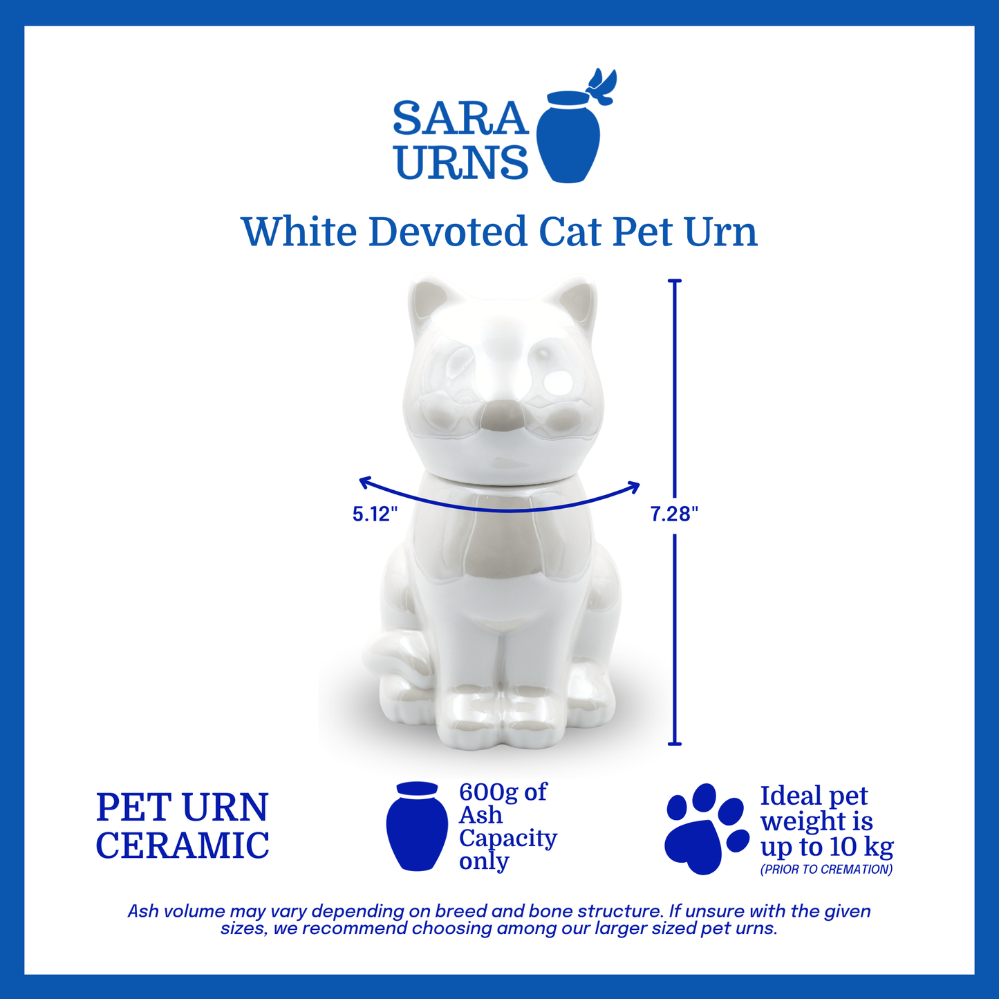 A white ceramic pet urn with a cat-shaped silhouette that is specified as 5.12 inches in width and 7.28 inches tall with an ash capacity of 600 grams.