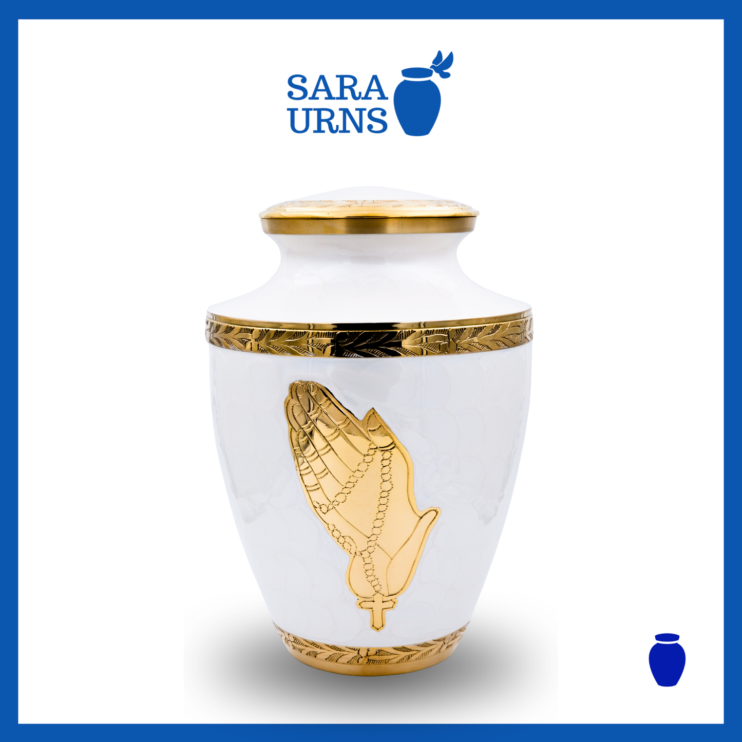 A white polished brass metal urn with golden details including a hand-etched praying hands over a white background.