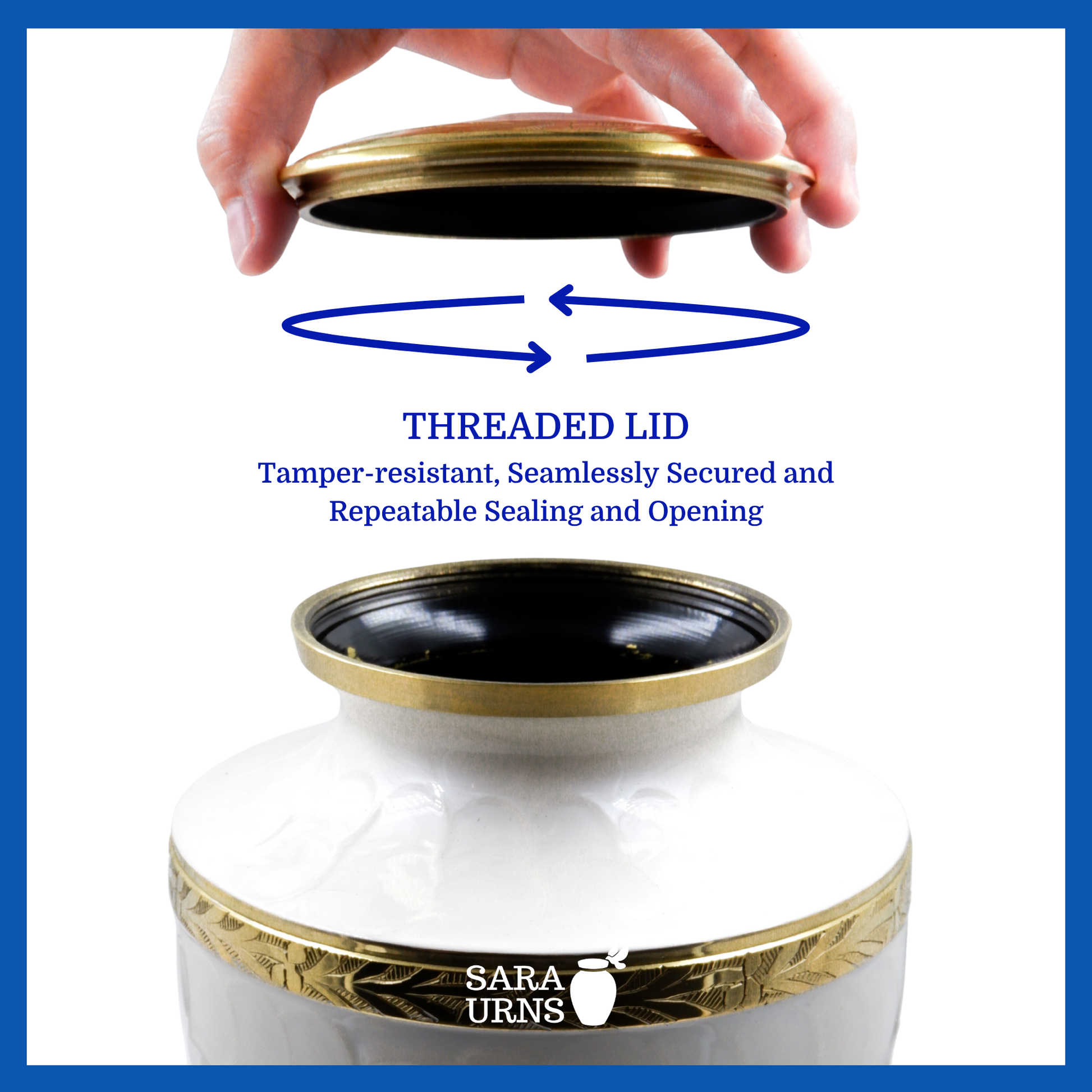 A presentation of a white polished brass metal urn’s threaded lid which highlights its safety and security.