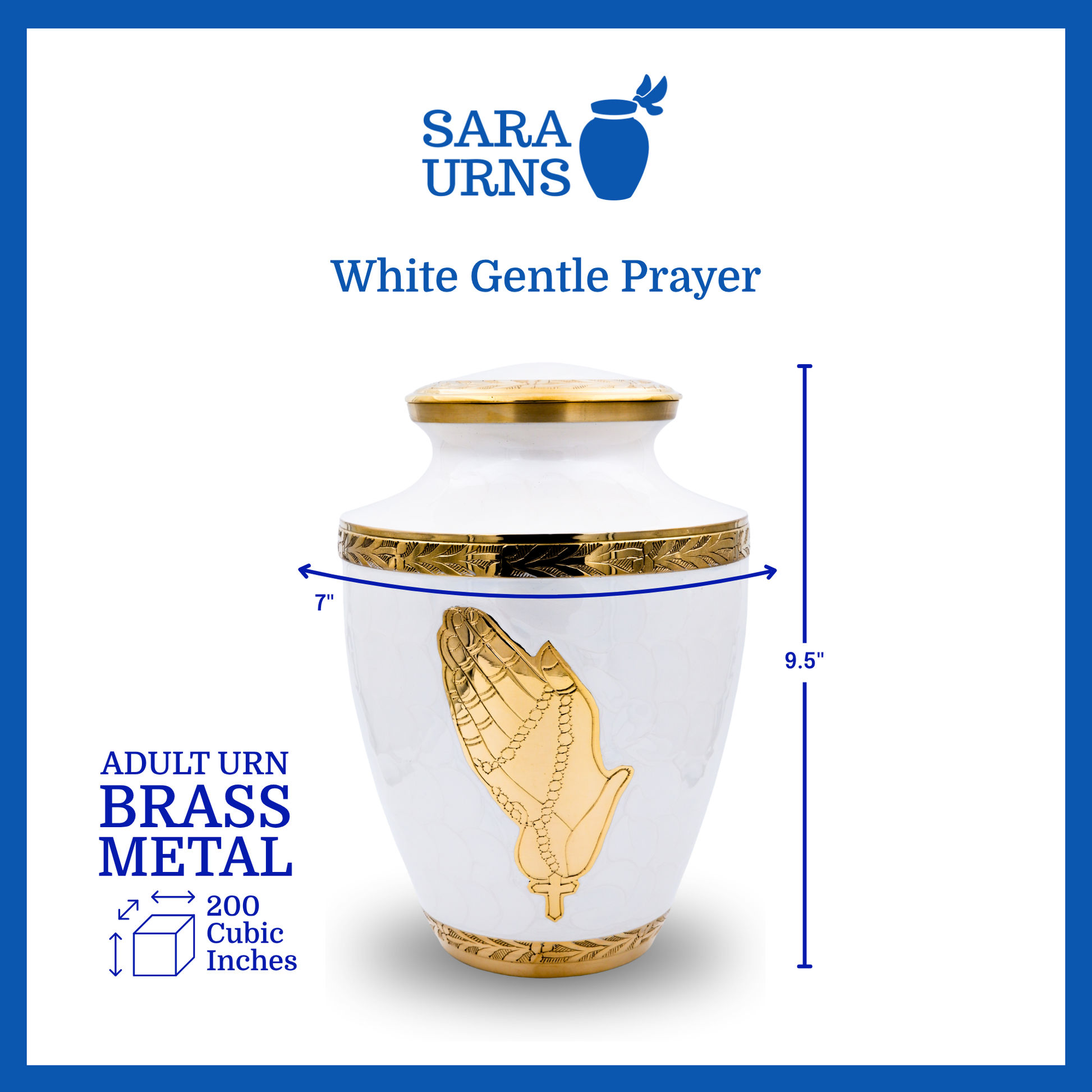 A white polished brass metal urn that is specified as 7 inches in diameter, 9.4 inches tall and is 200 cubic inches.