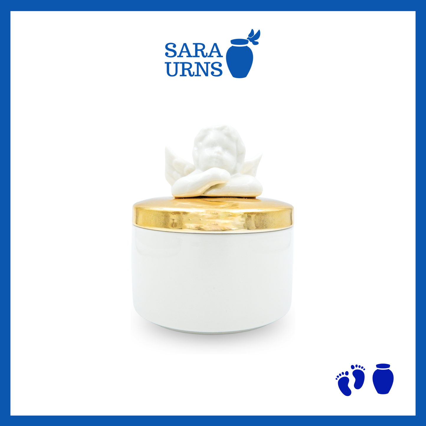 A white polished ceramic baby urn with a gold lid and a ceramic cherub on top over a white background.