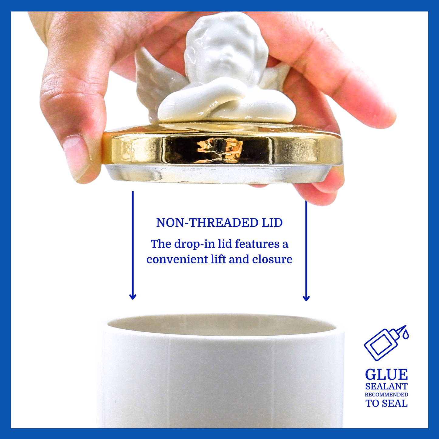 A presentation of a white polished ceramic baby urn’s gold non-threaded lid which highlights its accessibility.