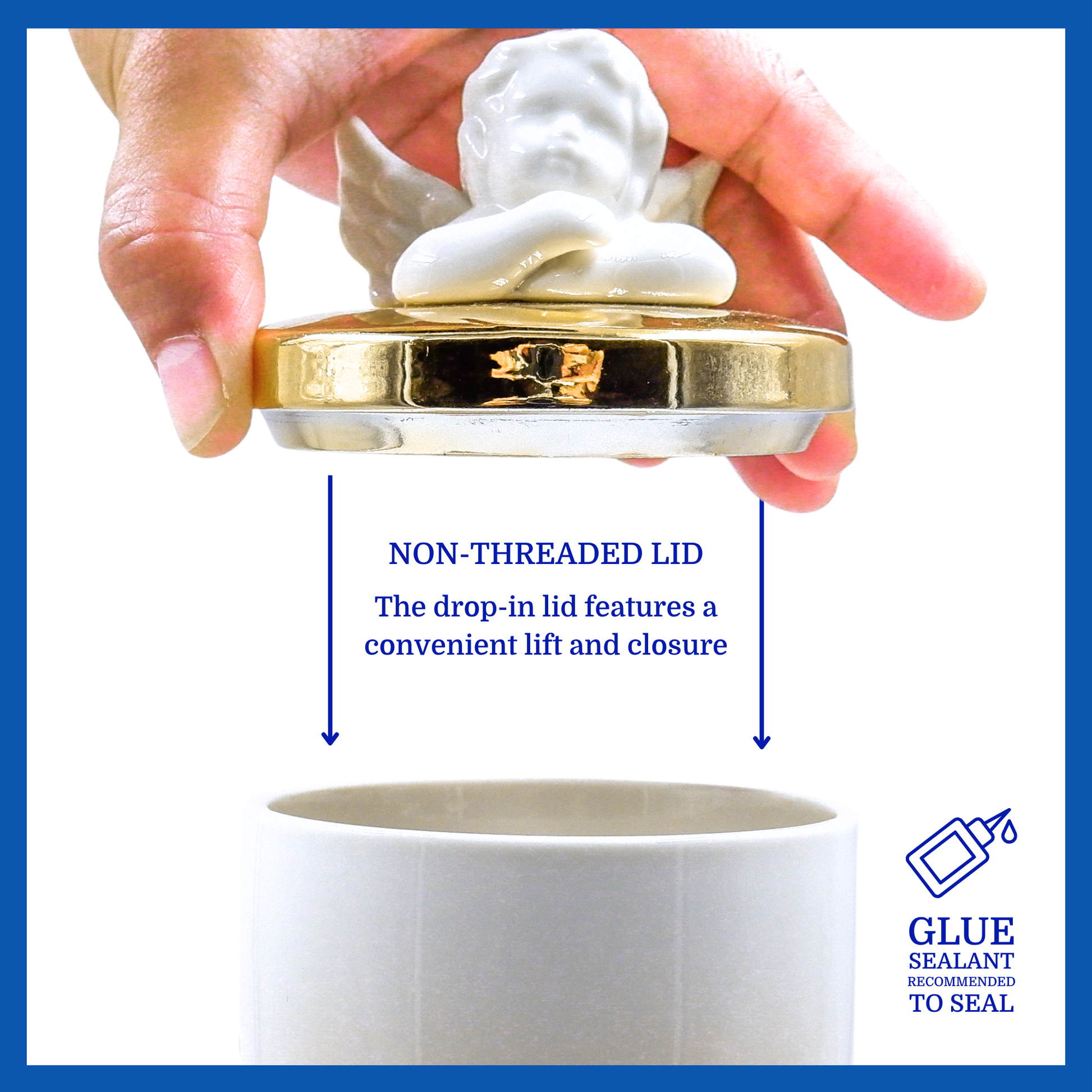 A presentation of a white polished ceramic baby urn’s gold non-threaded lid which highlights its accessibility.