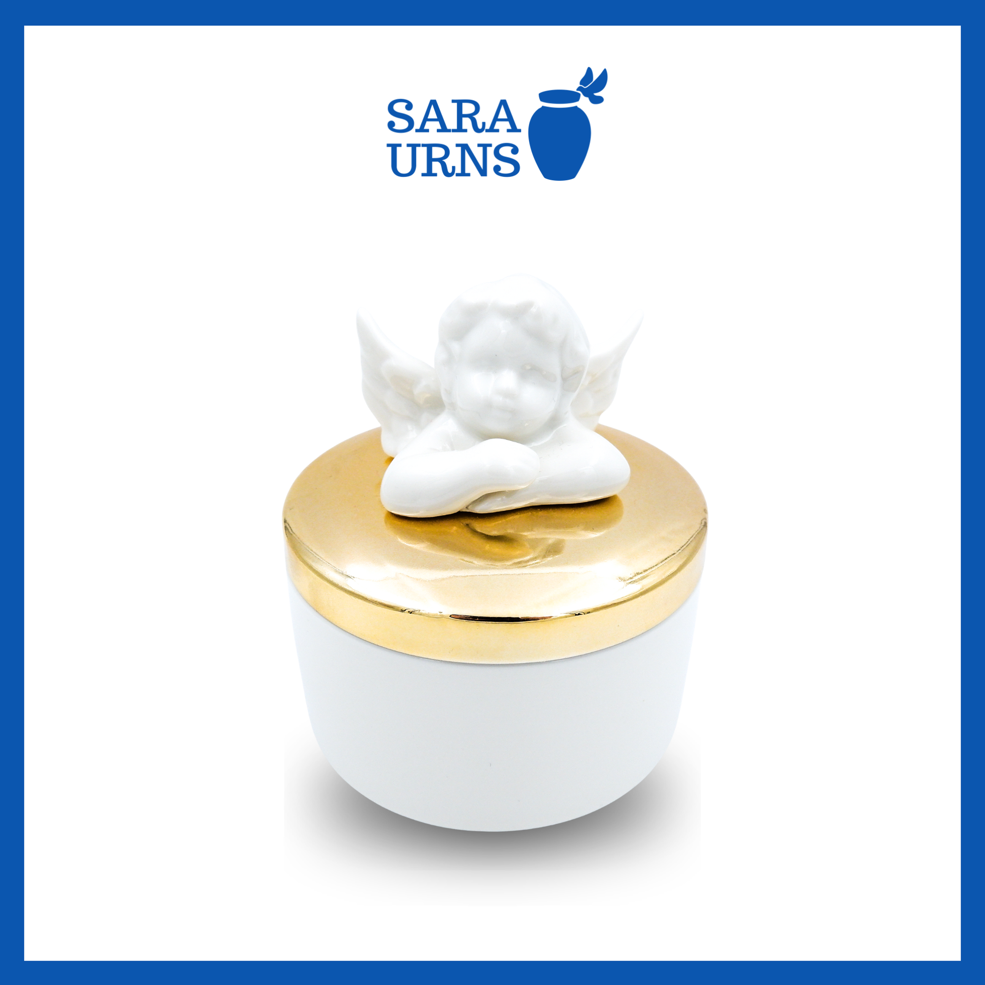 A higher angle of a white polished ceramic baby urn with a gold lid and cherub that sits on top over a white background.