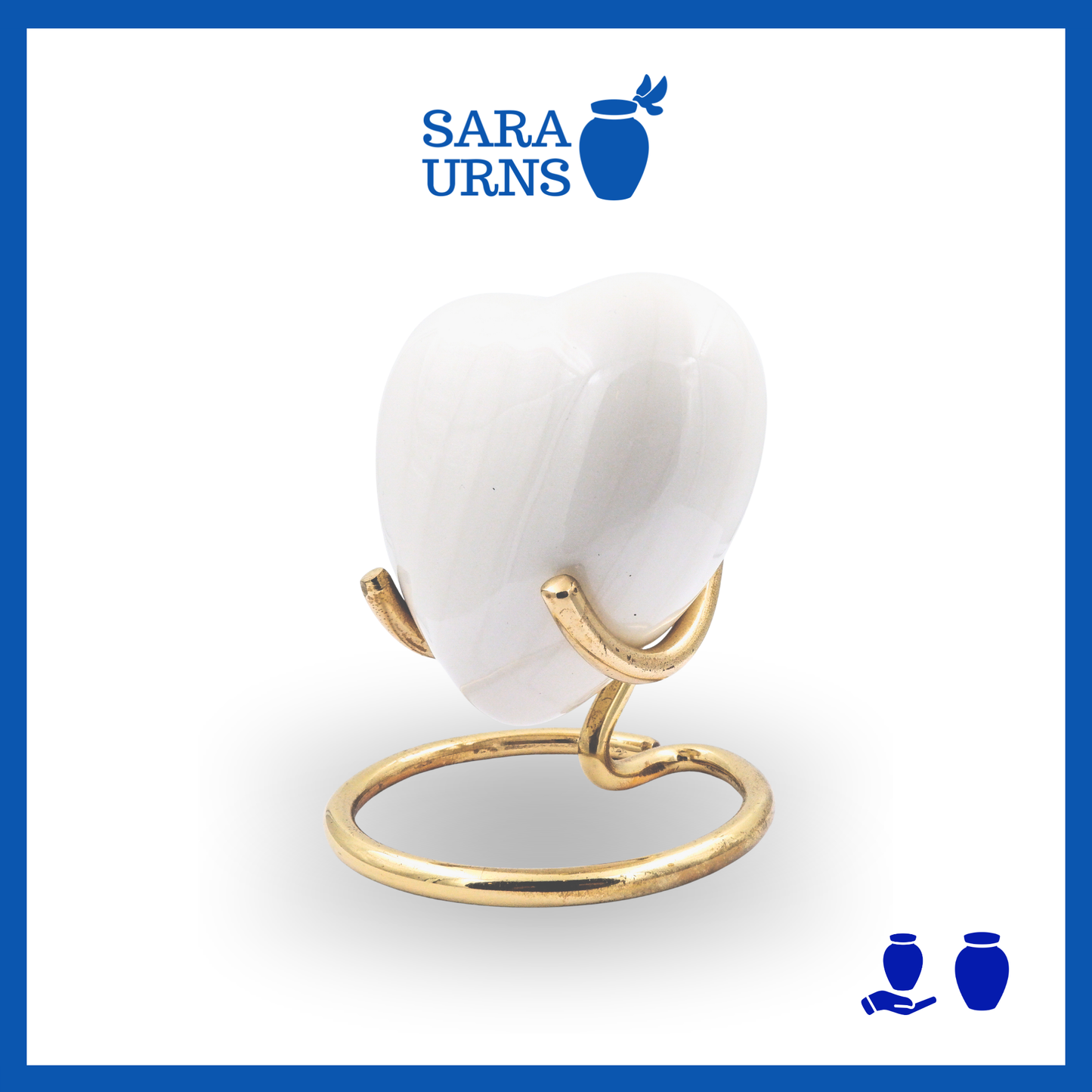 A white polished heart-shaped brass metal keepsake urn over a white background.