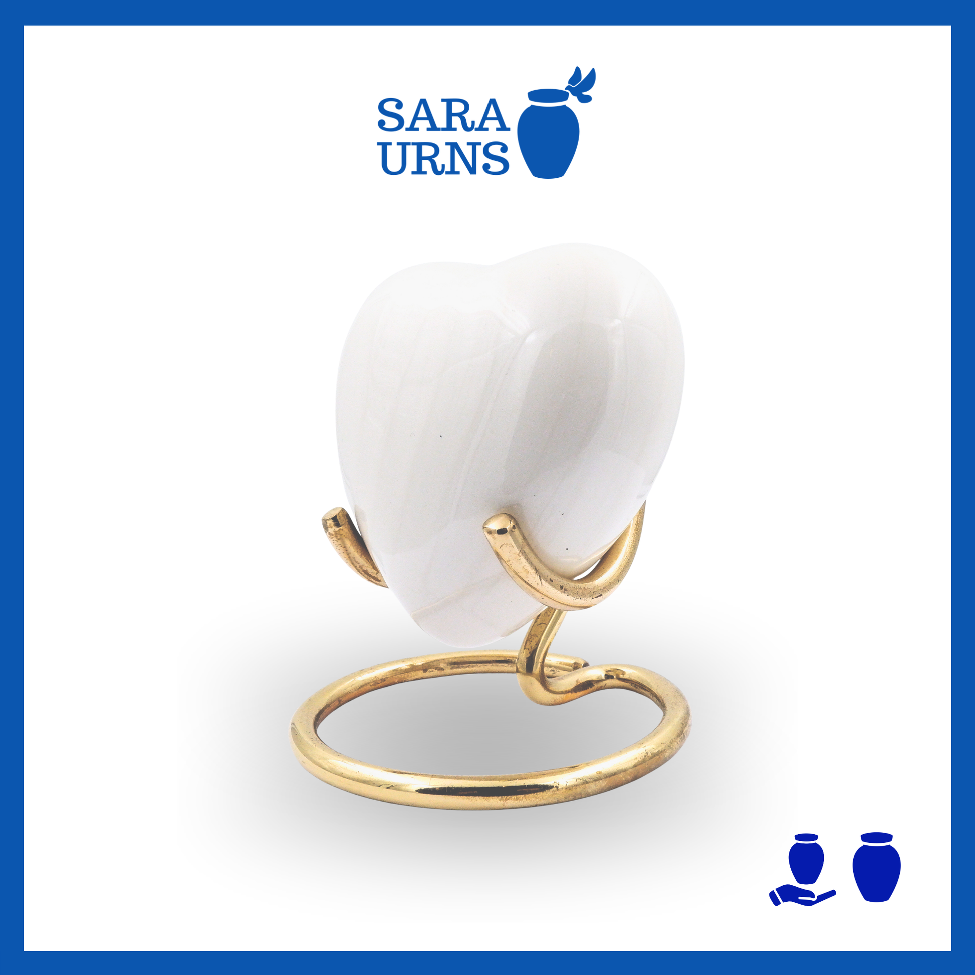 A white polished heart-shaped brass metal keepsake urn over a white background.