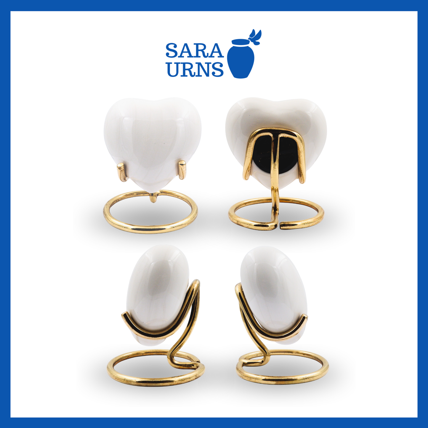 A presentation of a white polished heart-shaped brass metal keepsake urn’s four sides including the front, back, right side and left side.