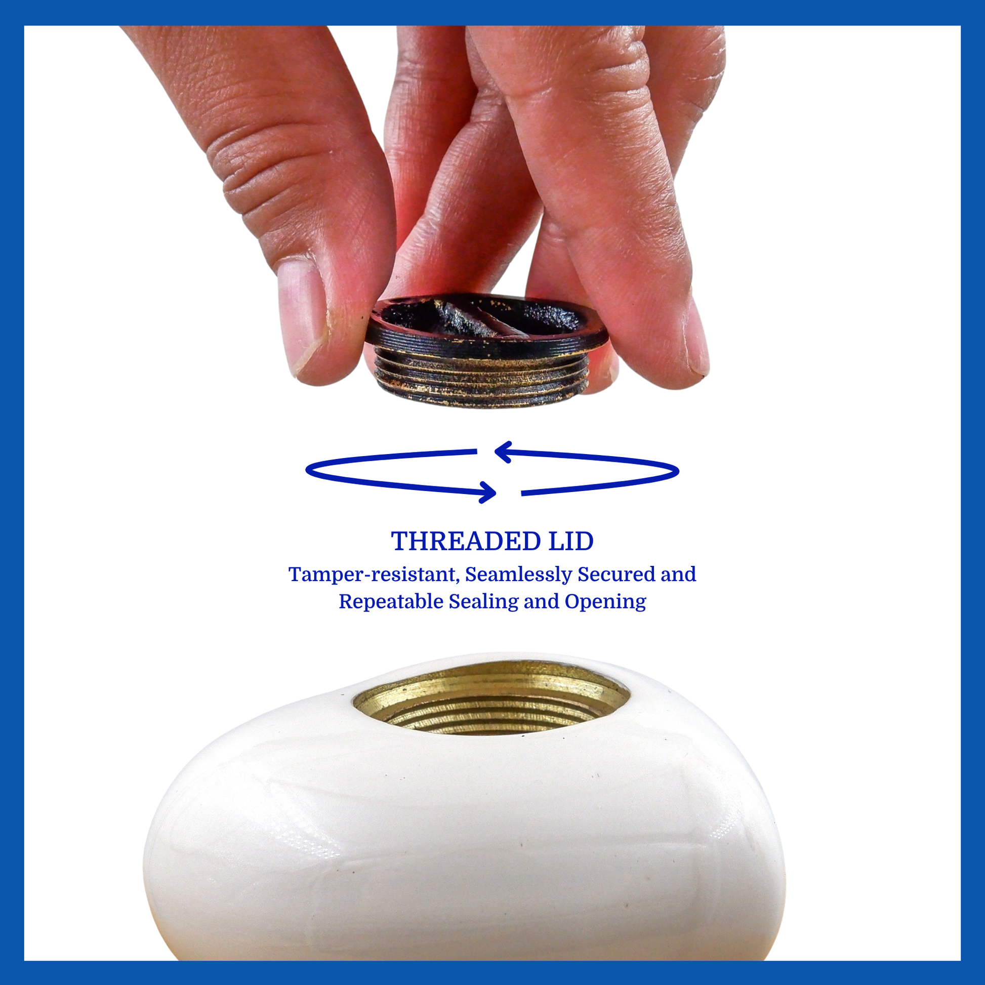 A presentation of white polished heart-shaped brass metal keepsake urn’s threaded lid which highlights its safety and security.