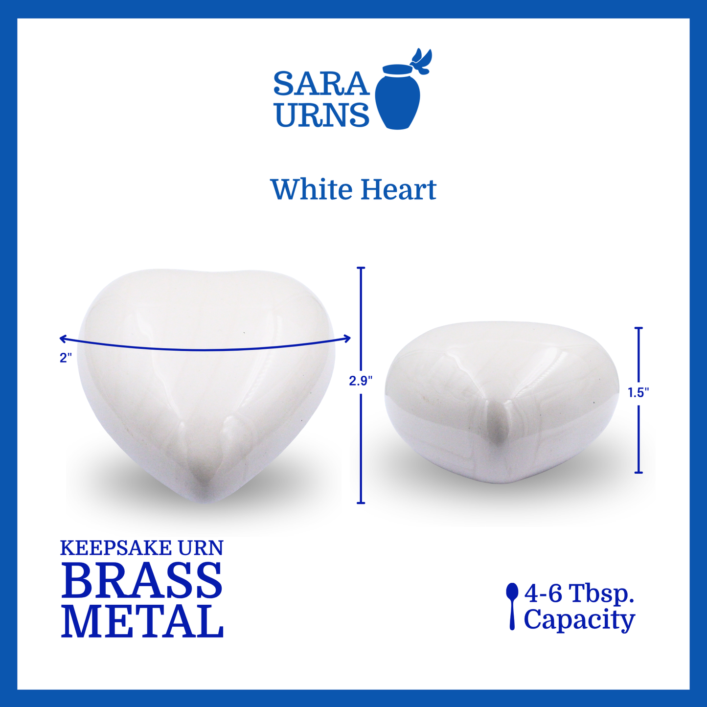 A white polished heart-shaped brass metal keepsake urn that is specified as 1.5 inches in height, 2 inches in width and 2.9 inches in length and can approximately fit 4 to 6 tablespoons of ashes.
