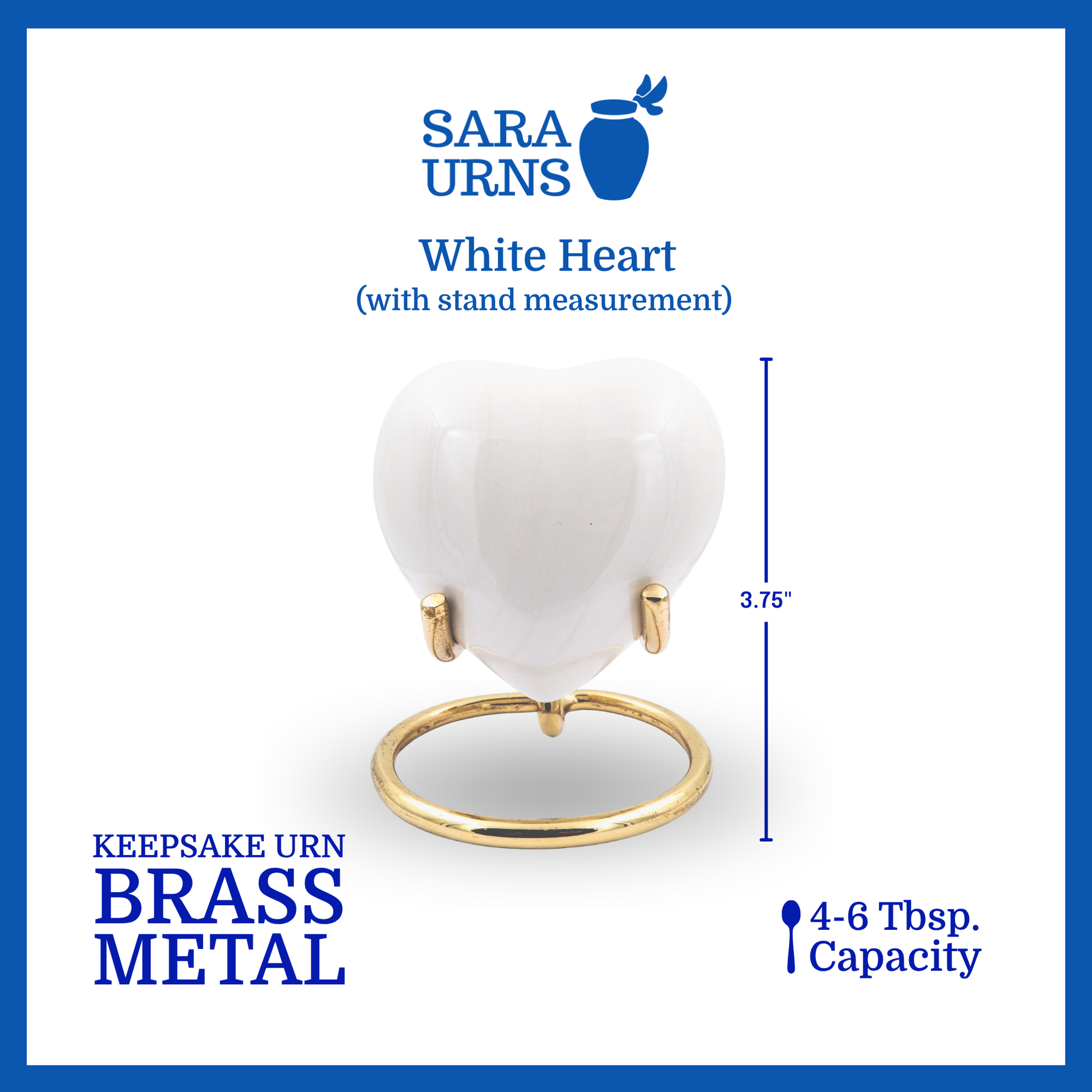 A white polished heart-shaped brass metal keepsake urn that is specified as 3.75 inches high together with the free holder stand.