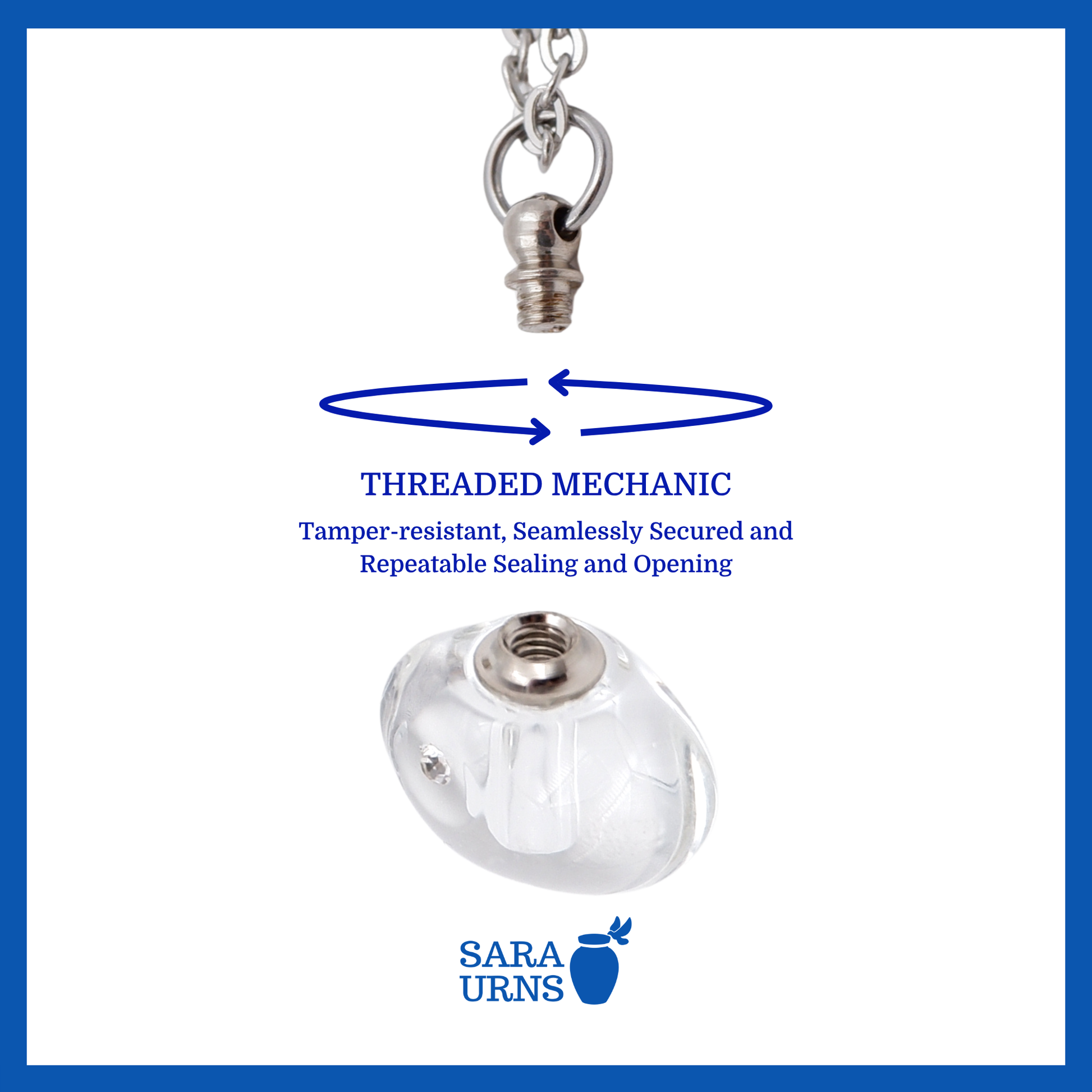 A presentation of a white, jewel-like ash necklace’s threaded lid which highlights its safety and security.
