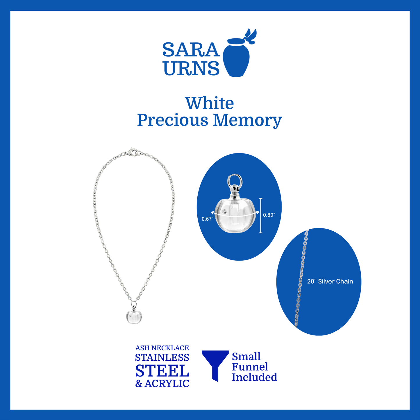 A presentation of a white, jewel-like ash necklace’s pendant that is specified as 0.67 inches in width and 0.80 inches in height with a 20-inch chain.