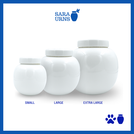 A white ceramic pet urn with a polished finish and an embossed paw detail in the lid over a white background.