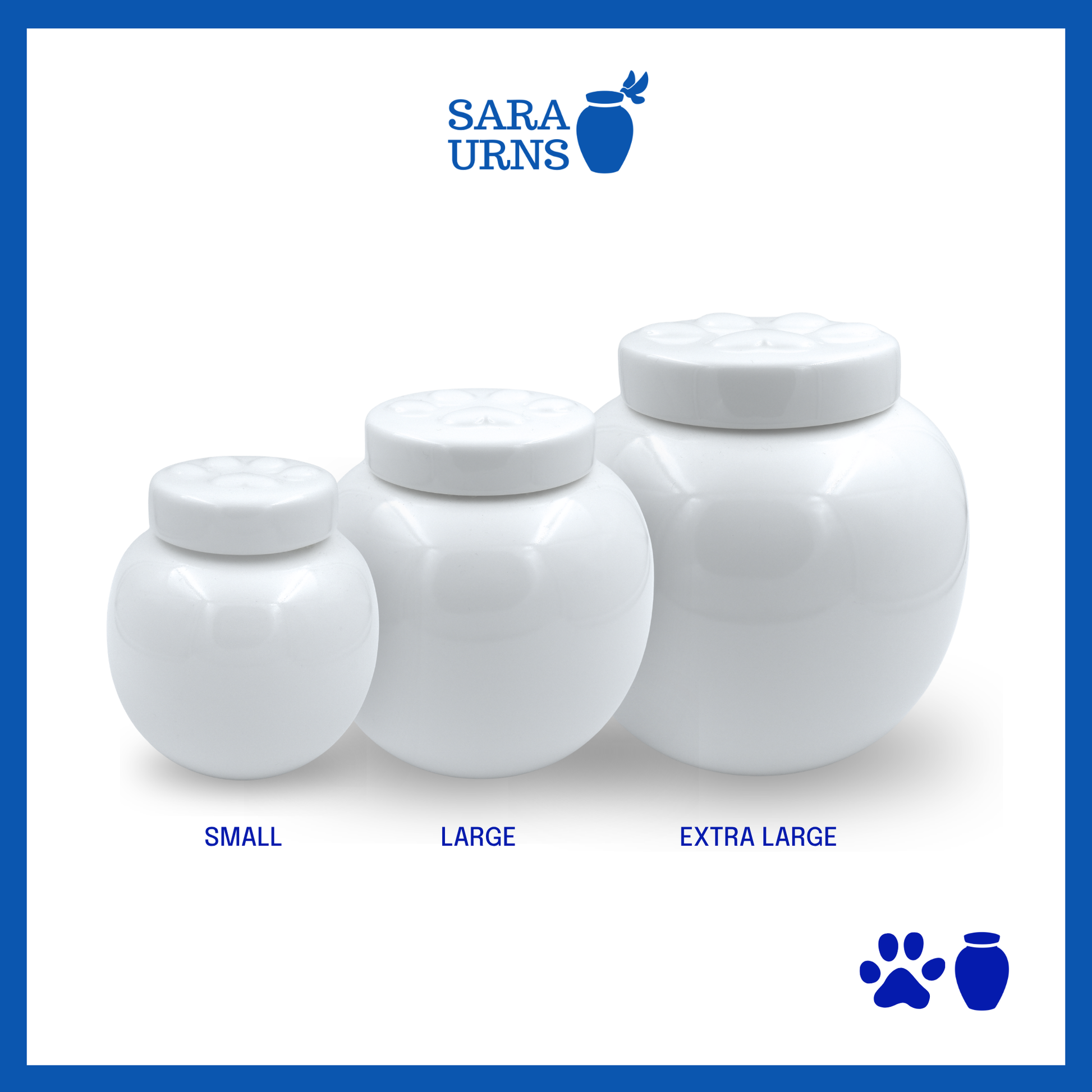 A white ceramic pet urn with a polished finish and an embossed paw detail in the lid over a white background.