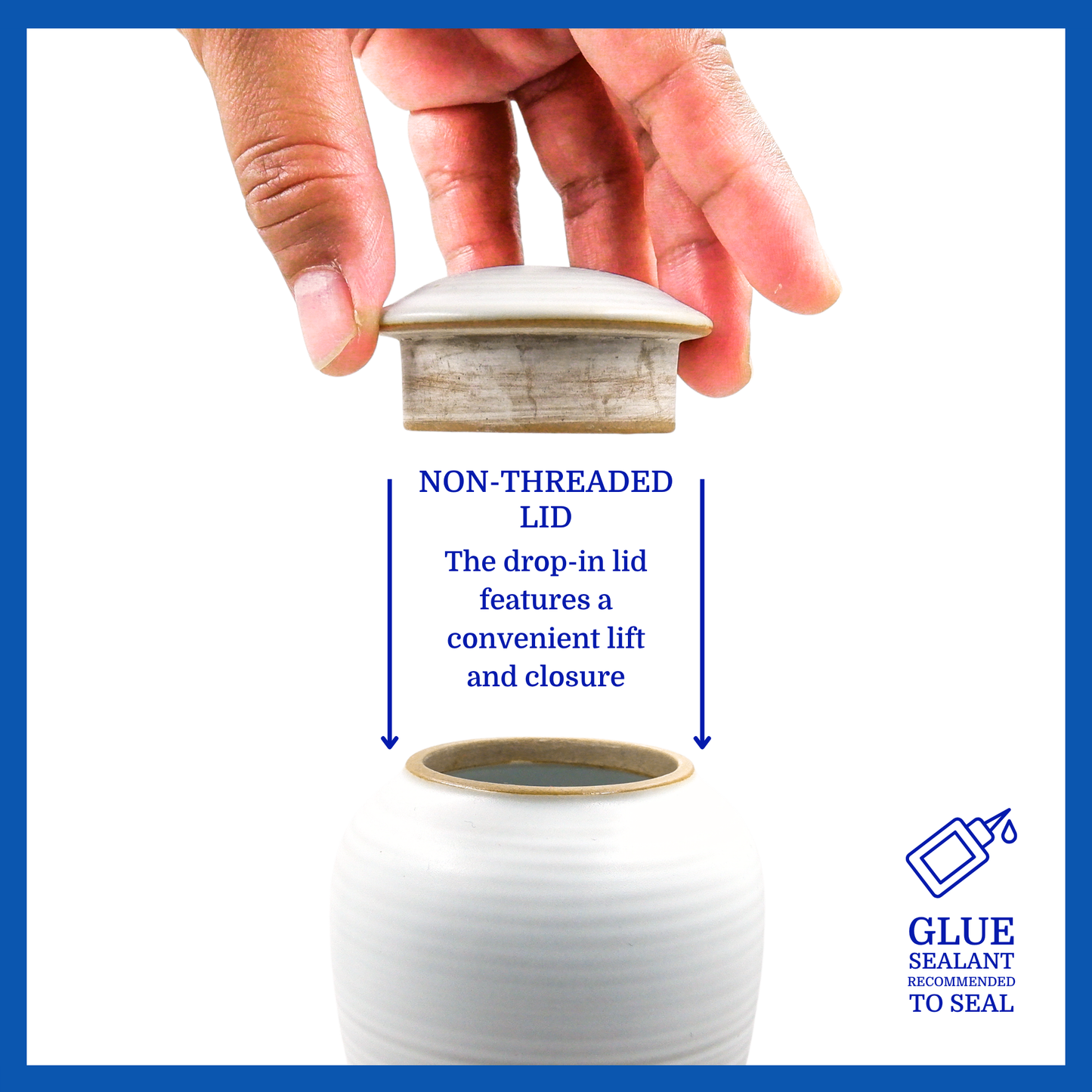 A presentation of a white polished ceramic baby urn’s non-threaded lid which highlights its accessibility.
