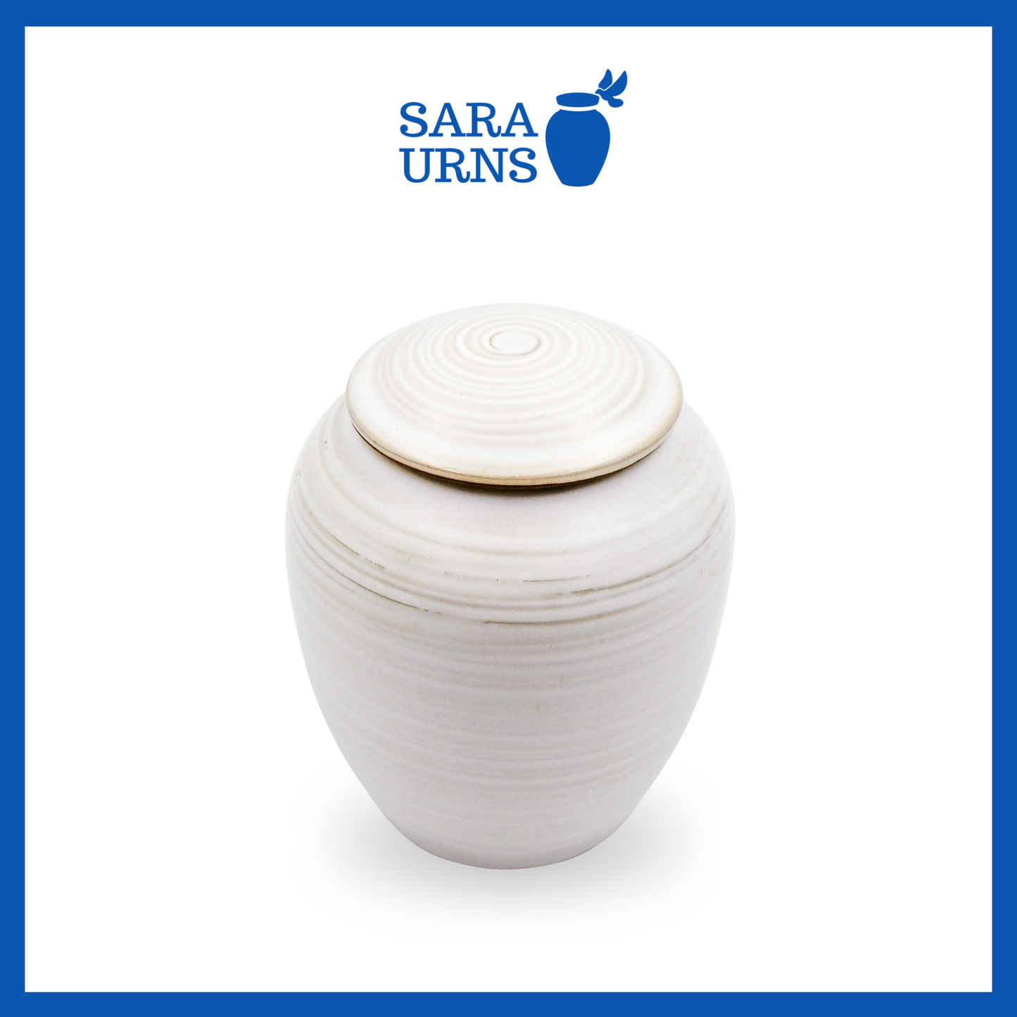 A higher angle of a white polished ceramic baby urn inspired by traditional, Japanese ceramics over a white background.