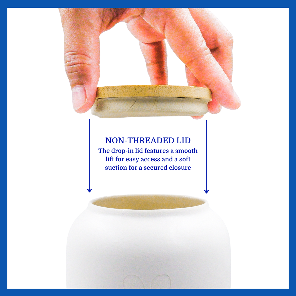 A presentation of a white ceramic pet urn’s non-threaded lid which highlights its accessibility.
