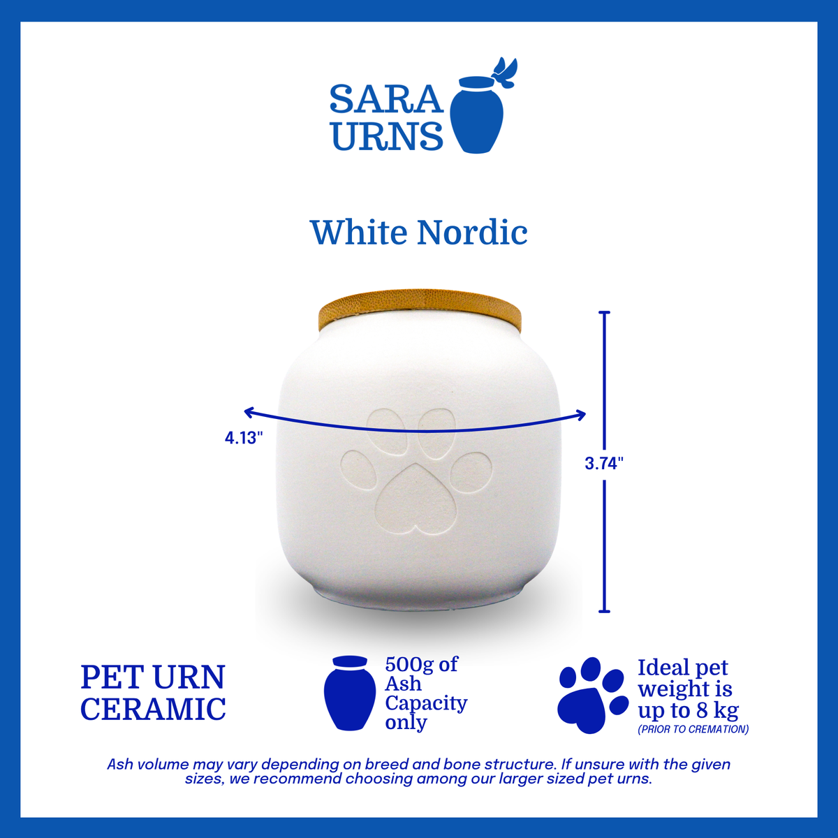 A white ceramic pet urn that is specified as 4.13 inches in width and 3.74 inches tall with an ash capacity of 500 grams.